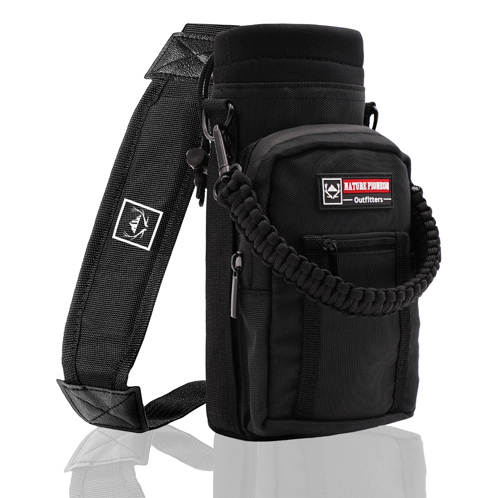 Water Bottle Holder with Adjustable Strap - 25/32/40oz Insulated Water Bottle Carrier Sling Sleeve with Paracord Handle & 2 Storage Pockets, Hiking, Camping, Gym