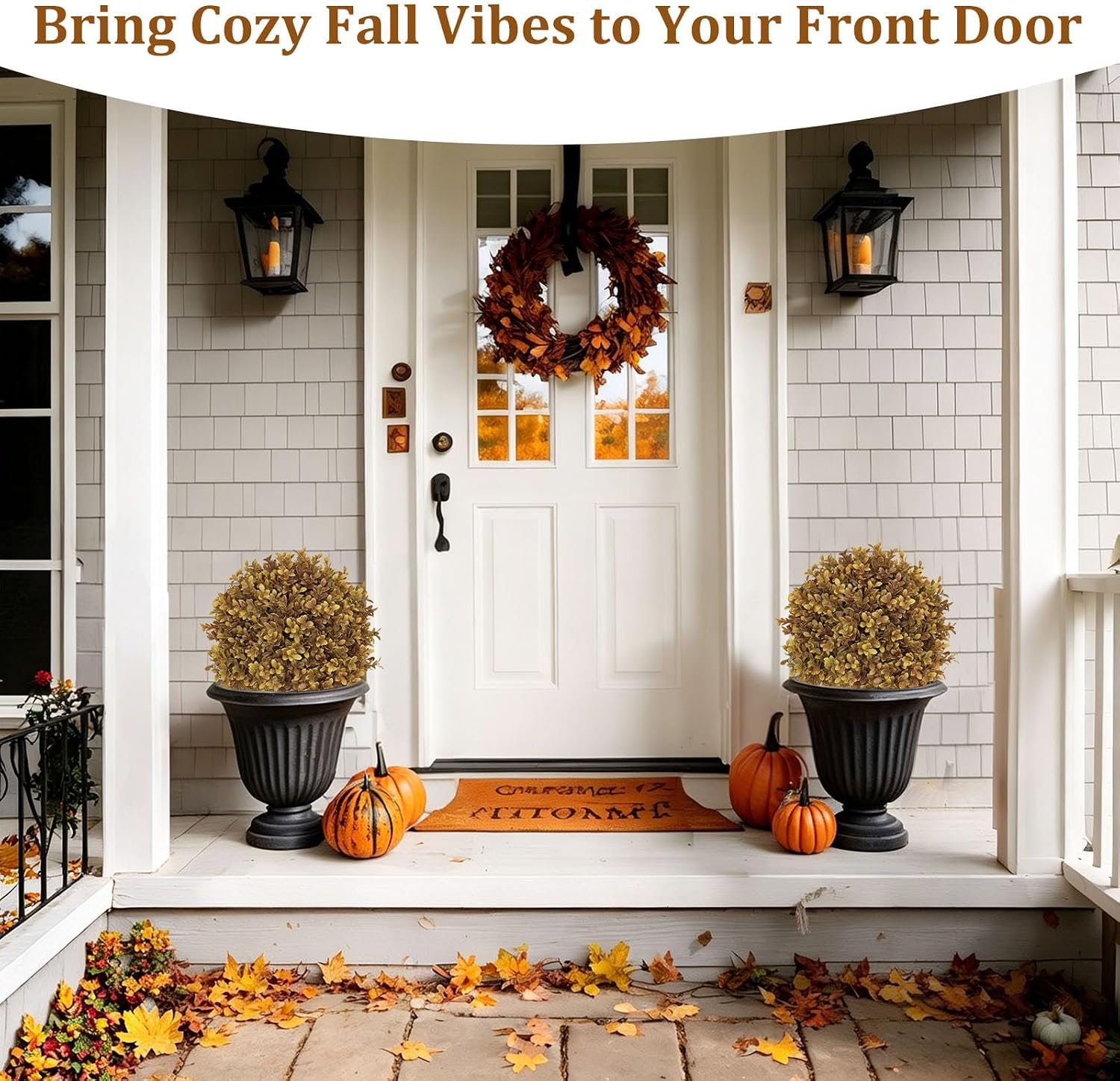24" Artificial Outdoor Fall Plants, Boxwood Topiary Bushes Shrubs Set of 2 image 2