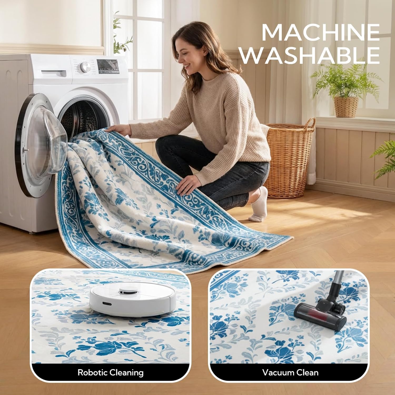 SOULFUL Medium Pile 3x5 Area Rug - Soft Underfoot Small Entryway Rug - Blue Boho Floral - Washable Non-Slip - Perfect for Living Room Bedroom Foot Kids Room Reading Nook