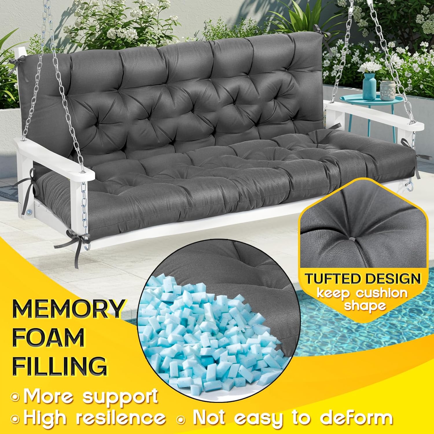 MAGIC ELEPHANT Porch Swing Cushions, Memory Foam Swing Cushion for Outdoor Furniture, Patio 2-3 Seater Cushion Replacement with Headrest for Swing Chair, 60x40 Inch (Grey)