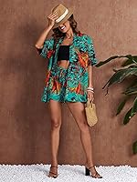 Vista 9 de MakeMeChic conjunto de 2 piezas para mujer estilo boho, blusa kimono tropical con frente abierto y pantalones cortos
