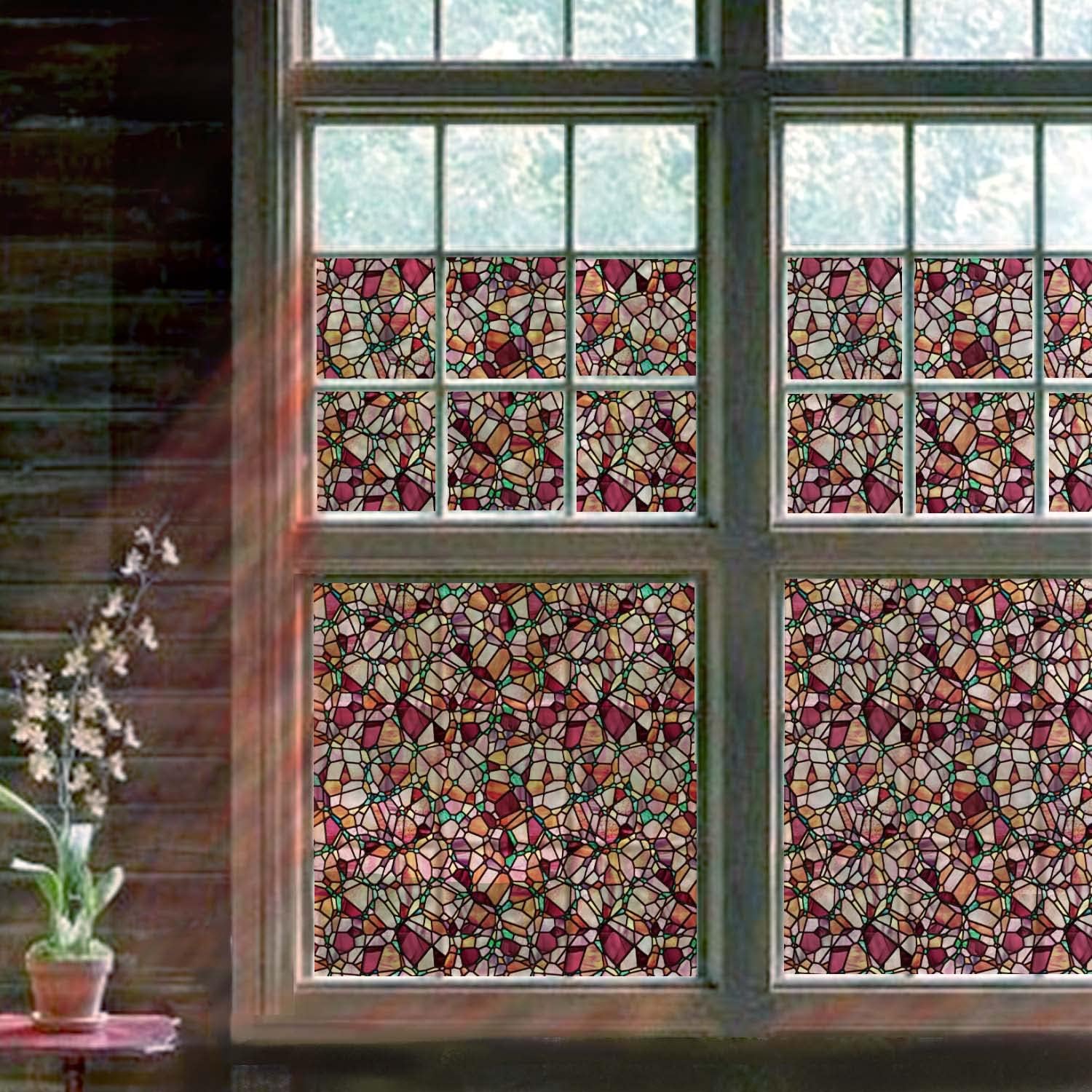 funlife Hand-Drawn Stained Glass Window Film, Double-Sided Thickened Static Cling Window Cling, Non-Adhesive Glass Windows Decor for Window Glass Door, 29.53"x118", Autumn Boho Cobblestones