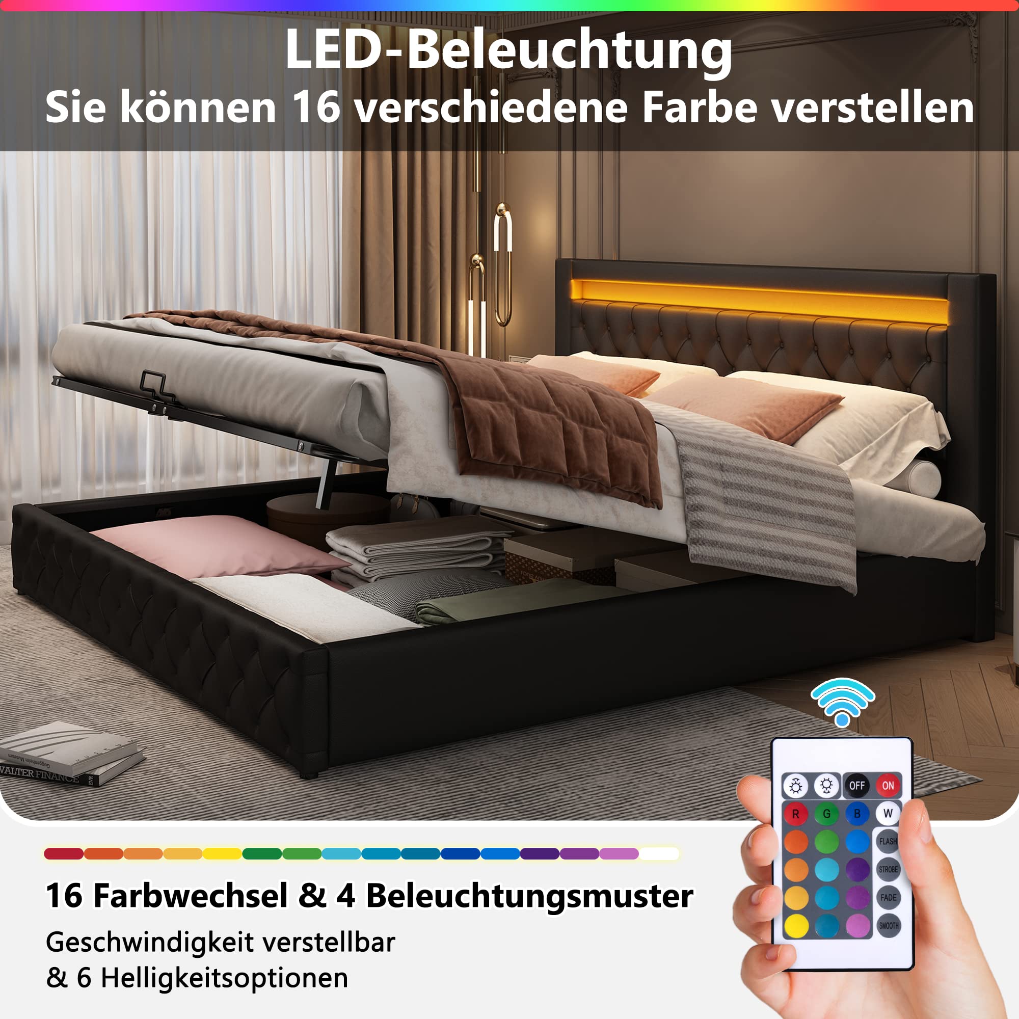 Rtopsu Letto Imbottito Letto Matrimoniale 160x200 cm con Testata a LED, Letti con Contenitore, Struttura Letti con Struttura Metallica Idraulica e Doghe in Legno, PU, Nero, Senza Materasso