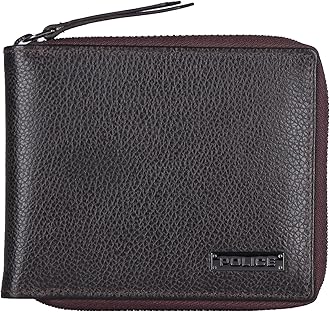 PoliceDrum New Mini Zip Around Men's Leather Wallet (Brown)