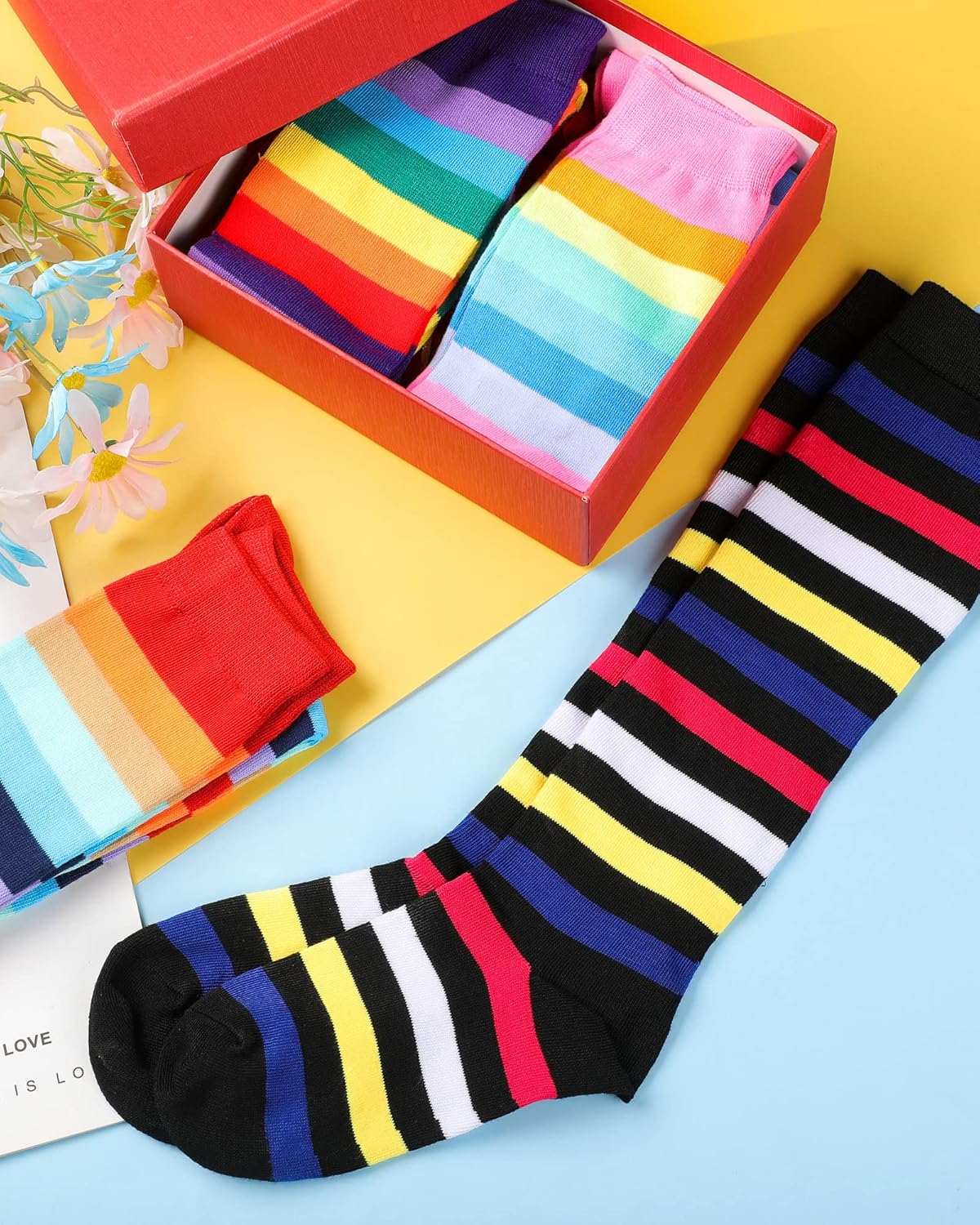 SATINIOR 4 Pair Women Knee High Socks Halloween Striped Rainbow Colorful Witch Knee Stripy Socks Opaque Long Stockings for Girls Cosplay - Image 6