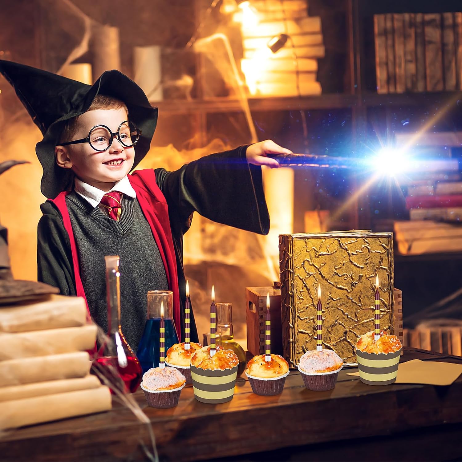 MTLEE 12 Pcs Wizard Birthday Candles Bulk Magical Wizard Inspired Toppers Candles Yellow and Brown Birthday Cake Topper for Kids Magical Wizard Birthday Decoration Supplies Party Favor