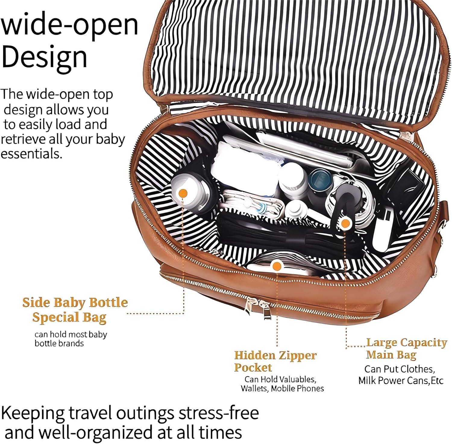 Large Diaper Bag Backpack with USB Port, Vegan Leather Diaper Tote, Hospital Bag for Labor, Stroller Straps(Brown)