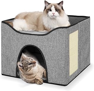 Teodty Cat Beds, Large Cat House for Indoor Cats, Cat Bed Cave with Scratch Pad, Foldable Cat Cube Condo with Reversible Cushion, Hideaway Cat Bed for Multi Small Pet Under 20 lbs, Grey