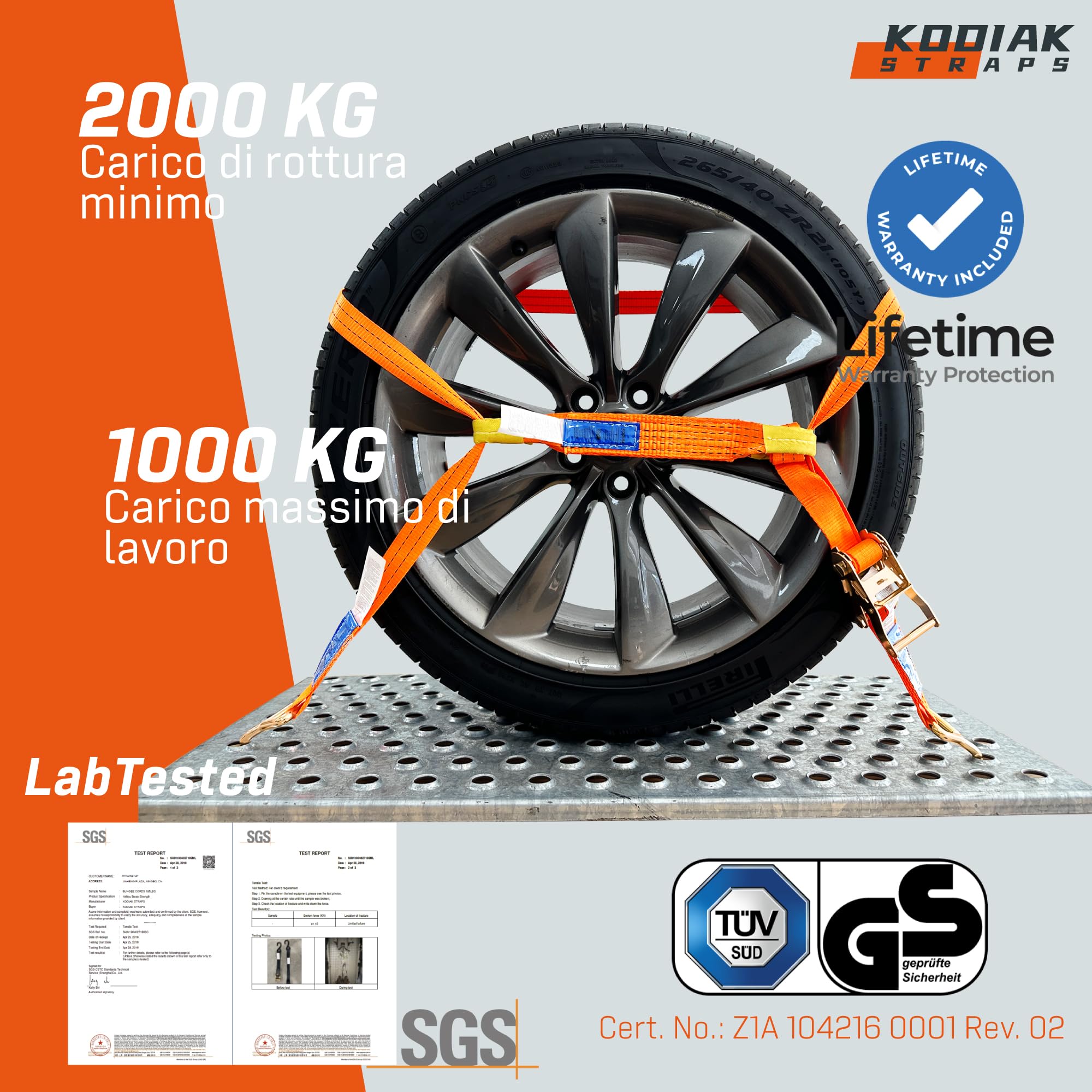 4 Cinghie a Cricchetto per Trasporto Veicoli | Larghezza 35 mm | 2000 daN | Cinghie di Serraggio per Sicurezza Ruote, Auto, Rimorchi - Certificate TÜV G/S e secondo DIN EN 12195-2 - KODIAK STRAPS