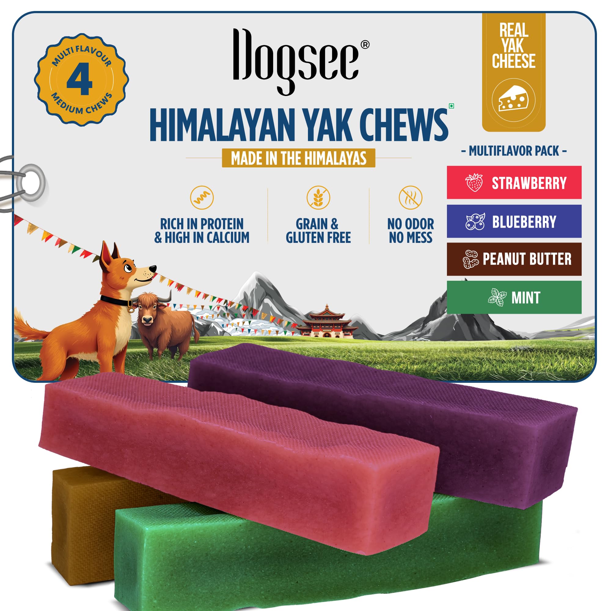 Dogsee Multiflavor Yak Chews (Strawberry, Blueberry, Peanut Butter & Mint) - Medium 4 Chews | Long‑Lasting Fruit Flavored Dog Chews | Cleans Teeth, Freshens Breath | Fights Plaque & Tartar