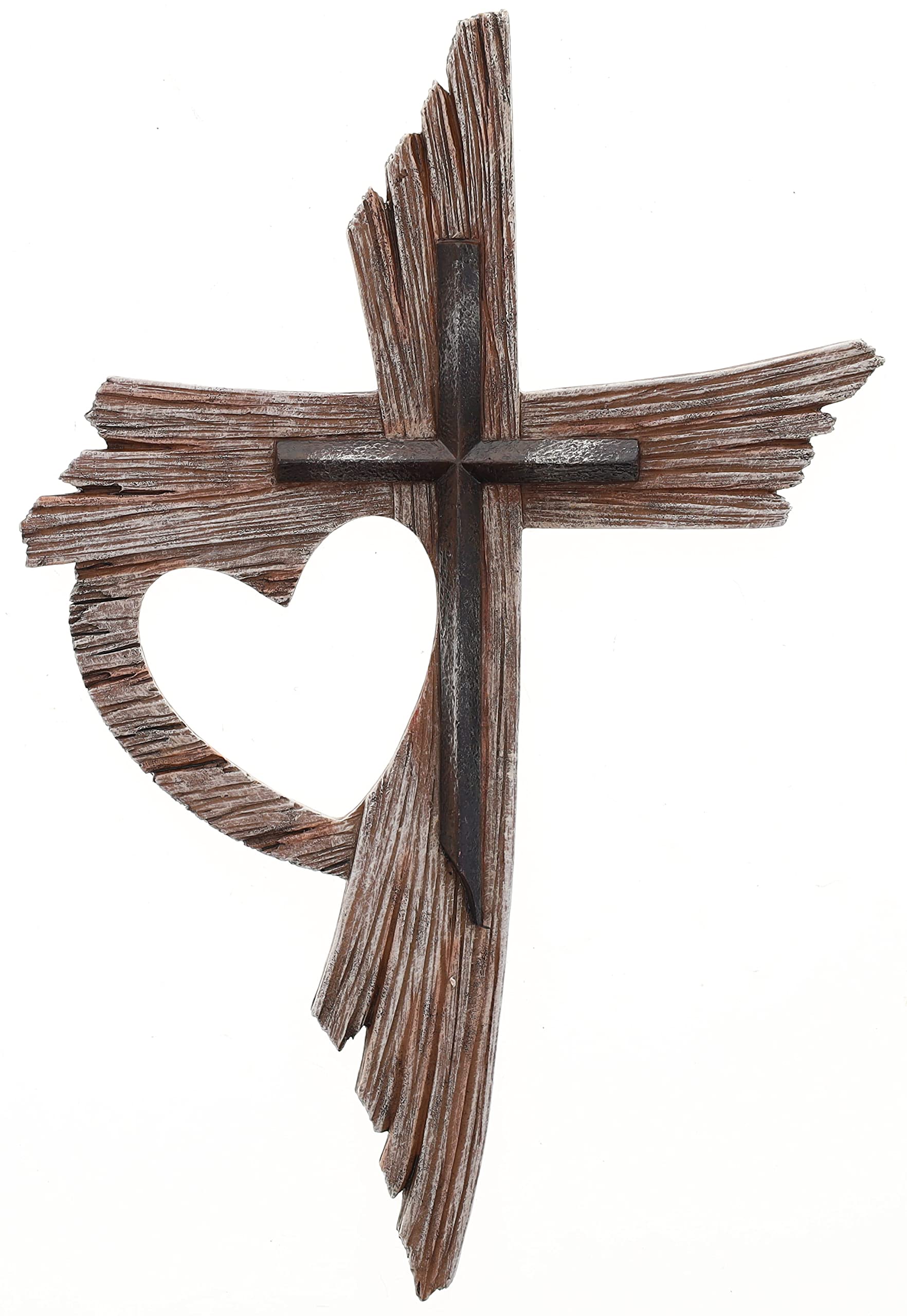 Top Brass Rustic One Love Decorative Heart Wall Cross - Multi Layered Weathered Wood Look Spiritual Jesus Art Sculpture