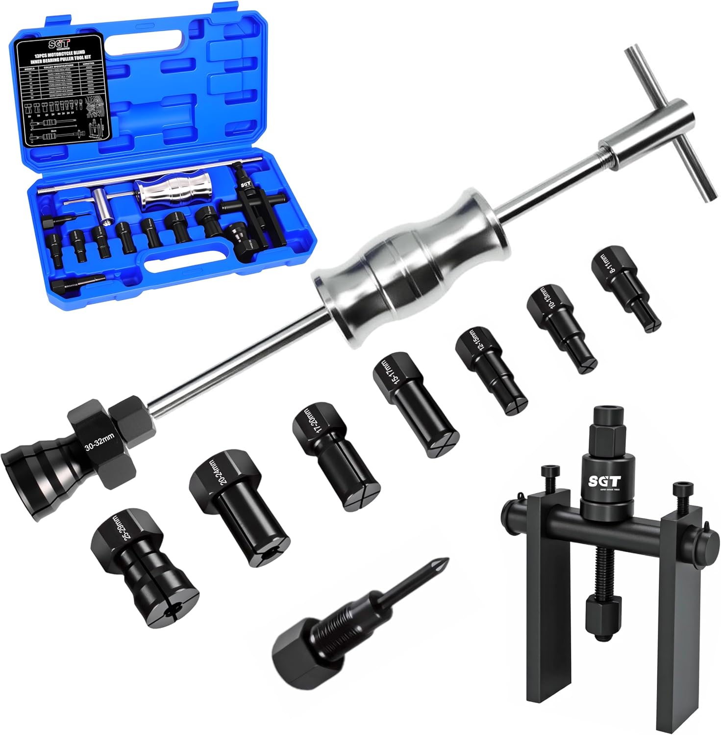 SGT 12pcs Blind Hole Collet Bearing Puller Set,Internal Bearing Extractor Puller Kit,Motorcycle Bicycle Wheel Bearing Removal Tool,Slide Hammer Bearing Puller with Expandable Collets 8-32mm