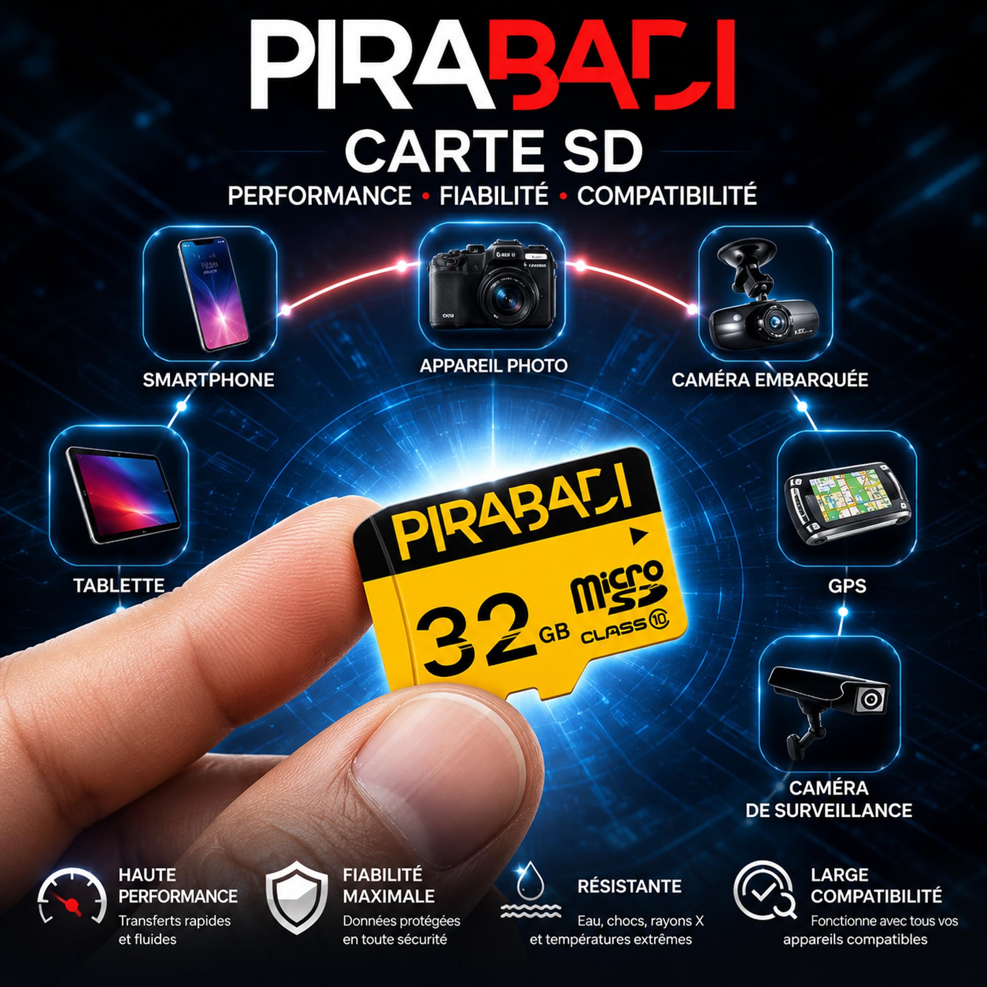 Carte MEMOIRE SD 32GB 32GO 32 GB GO Original | PIRABADI Ultra Extreme Pro | CAPACITE Reel | + Adaptateur | Marque 100% Francaise