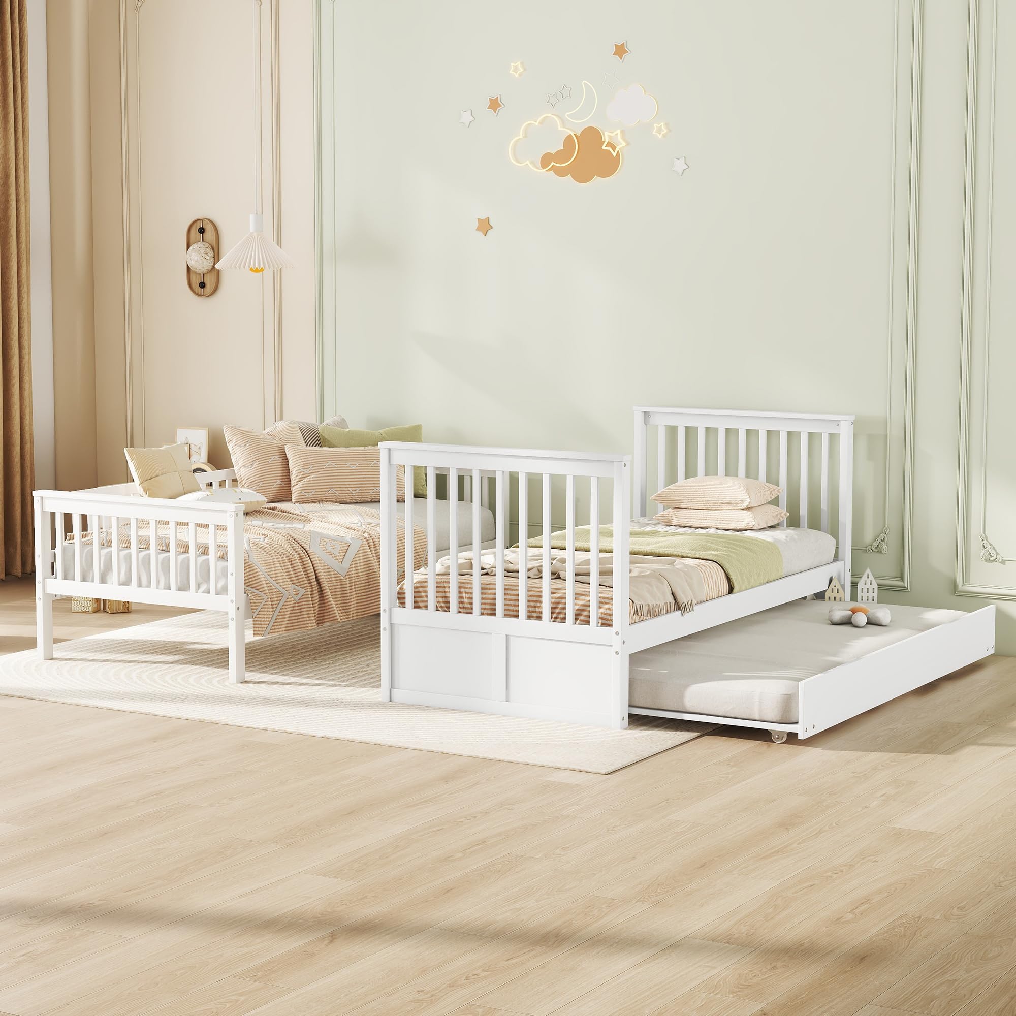 90 x 200 cm Litera, cama triple, cama infantil de madera con cama nido de 90 x 190 cm, barandilla alta, escalera estable, con somier (blanco), WX000811