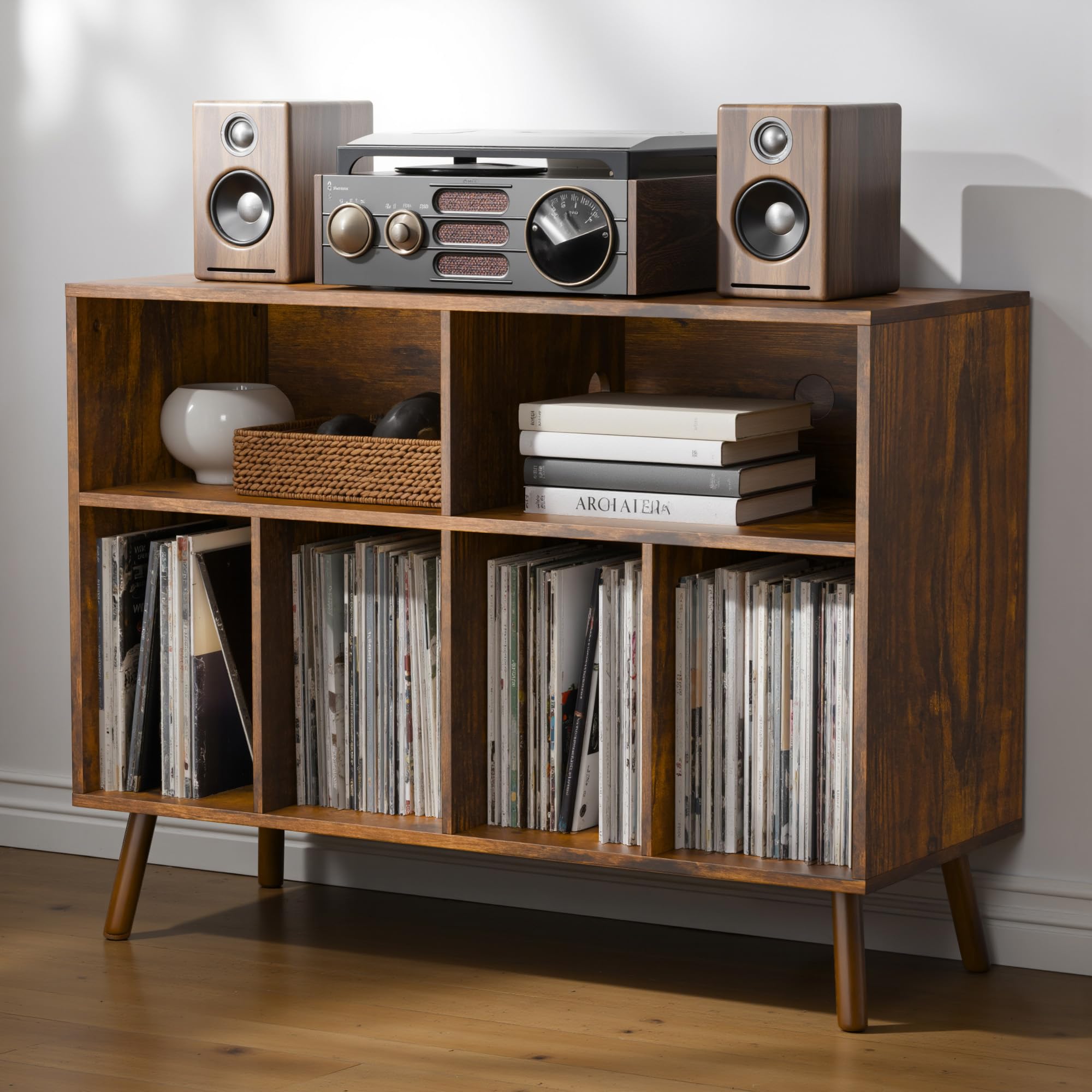 AUREUM OPAL Plattenregal für Schallplatten Aufbewahrung, Vinyl Regal mit Aufbewahrung und Präsentationsfläche, Plattenständer für bis zu 360Alben, Schallplattenregal für Musikzimmer, Wohnzimmer