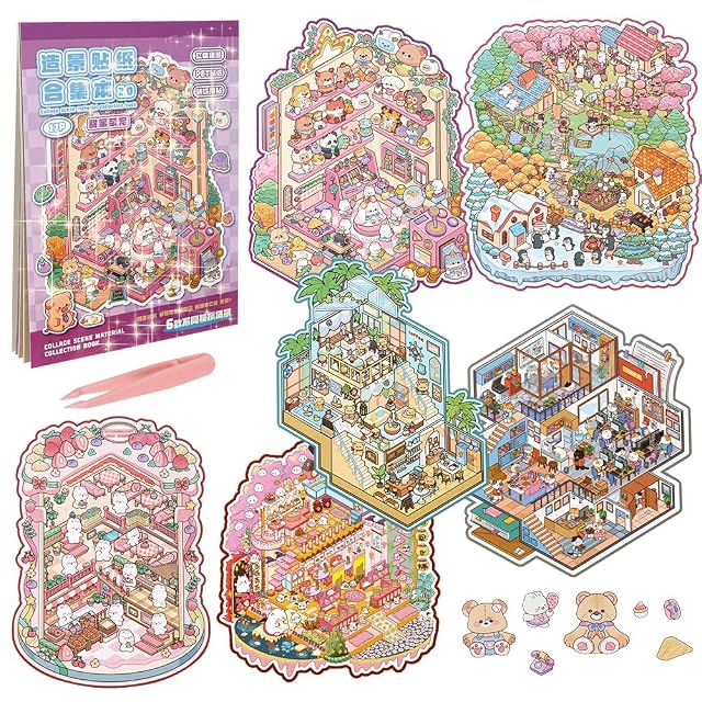 Vicloon 3D Sticker Scene, 6 Juegos de Pegatinas Casa para Adultos y Niños, Lindo Fun Cartoon 3D con Pinzas