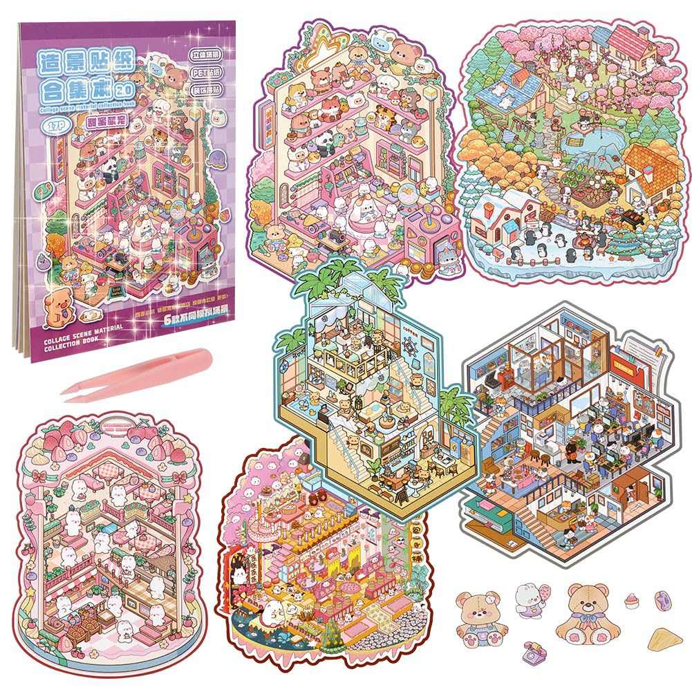 Vicloon DIY 3D House Stickers Scene Kit, 6 Sets 3D Miniature Scene Sticker for Adults Kids Sticker Therapy