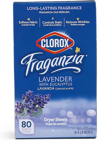 Clorox Fraganzia Sábanas para secadora en lavanda con aroma a eucalipto, 80 unidades  Hojas suavizantes de tela que reducen las arrugas  Las mejores