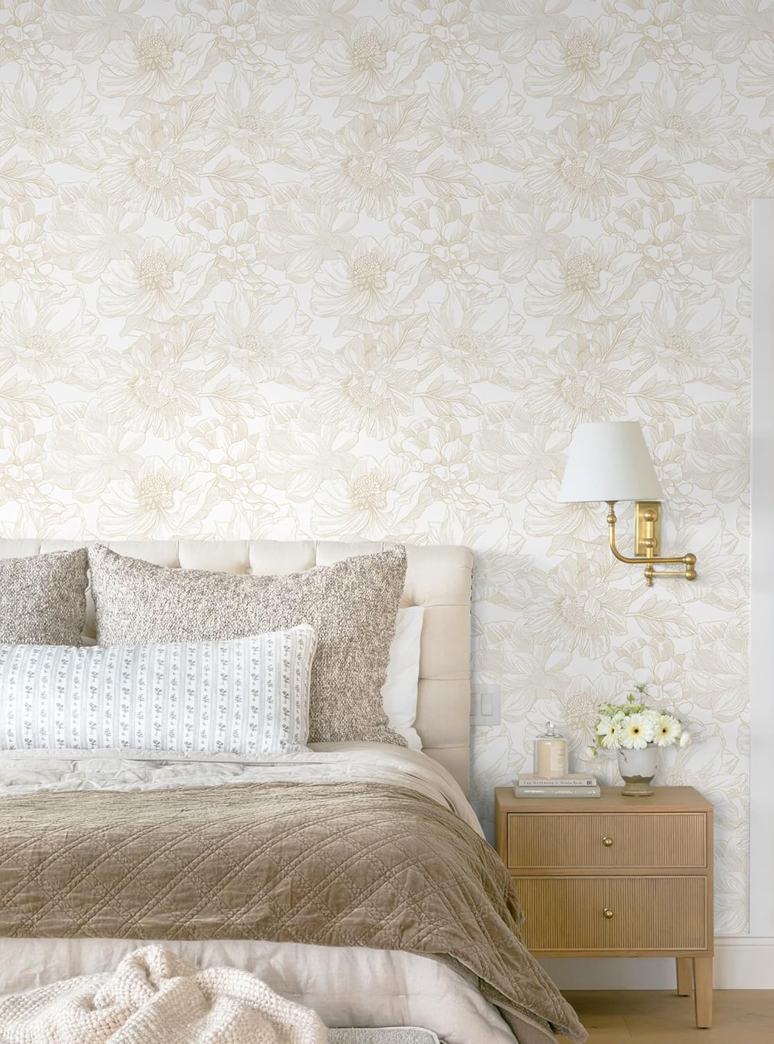 Peel and Stick Wallpaper Floral Beige Neutral White Boho