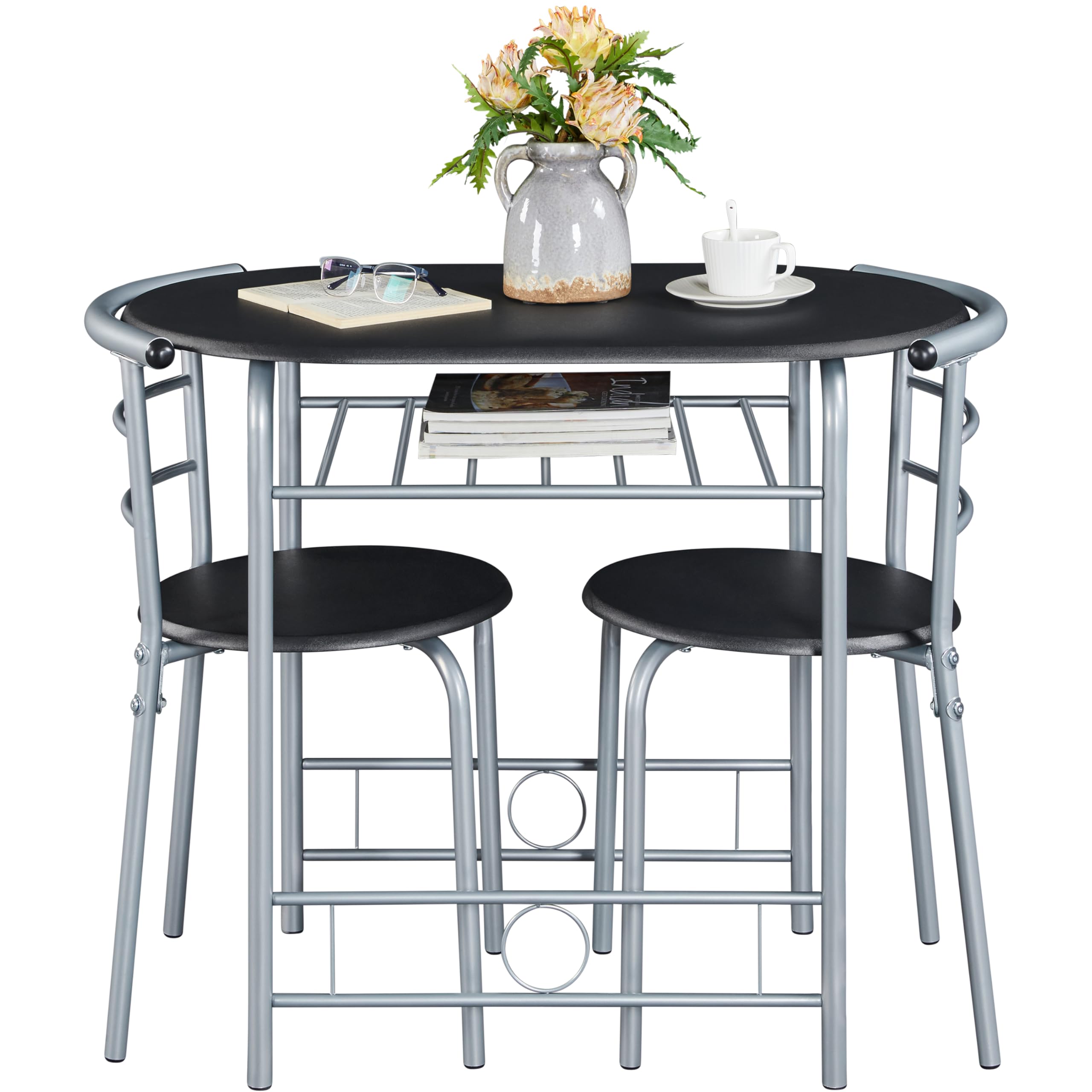 Set Tavolo E 2 Sedie Soberine - Moderno, Salvaspazio, Con Portabottiglie, Legno E Metallo