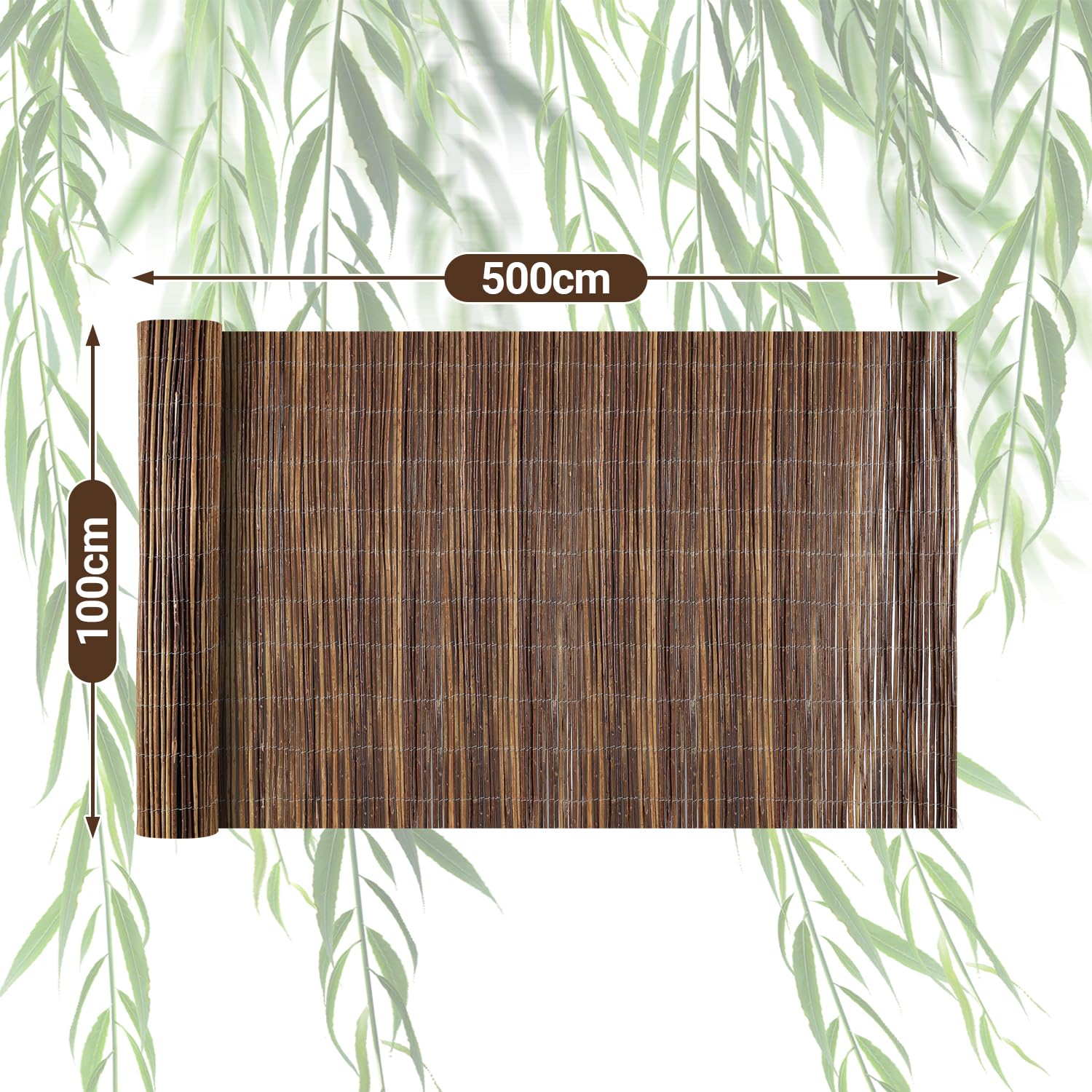 Mata wierzbowa 100 x 500 cm, Ø 6-13 mm, naturalna ochrona przed wzrokiem do ogrodu, na balkon i taras, ochrona przed wiatrem i słońcem, ogrodzenie balkonowe, elastyczny montaż, brązowa
