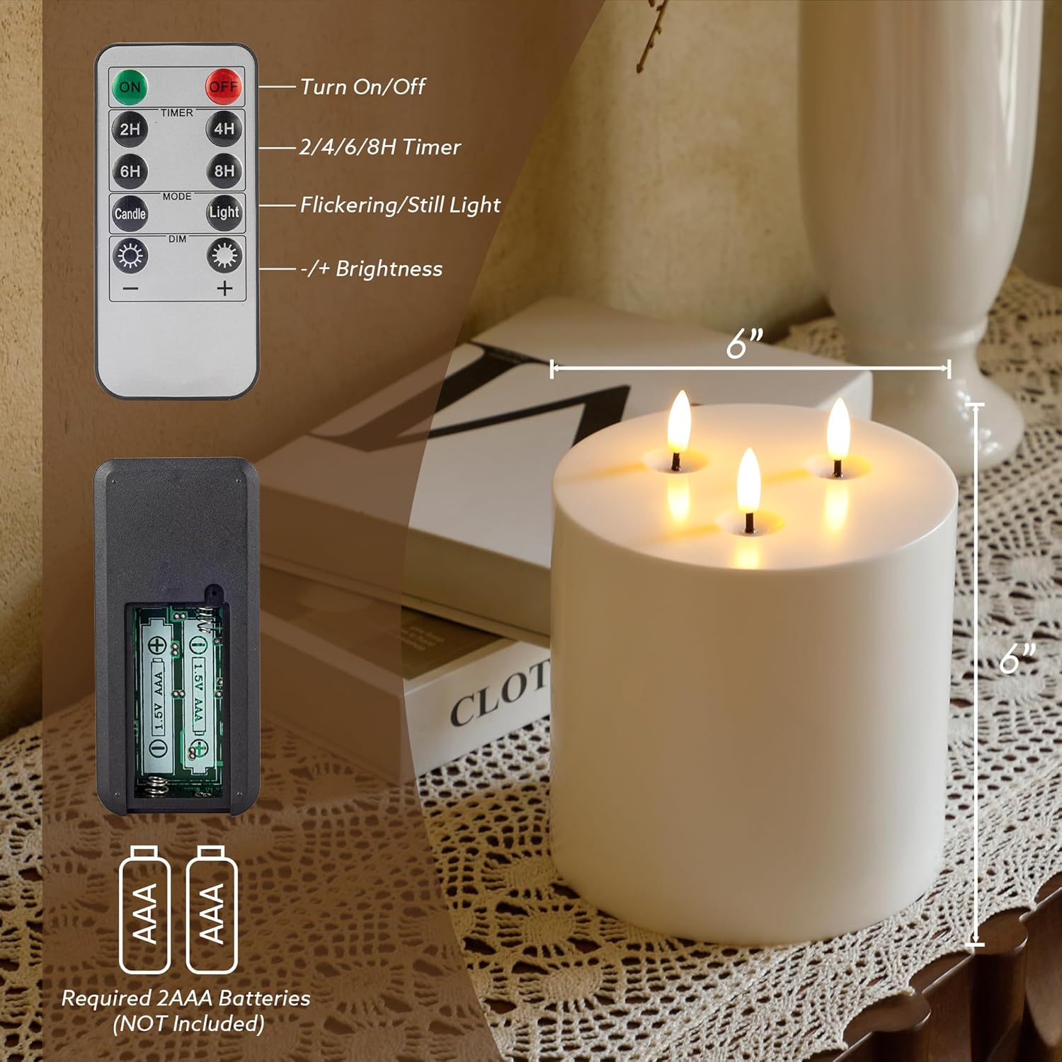 6" x 6" Extra Large Outdoor Waterproof Flameless Candle with 3 Wick, White Plastic Battery Operated LED Candle with Remote and Timer, Flickering Fake Pillar Candles for Garden Patio Porch Home Party