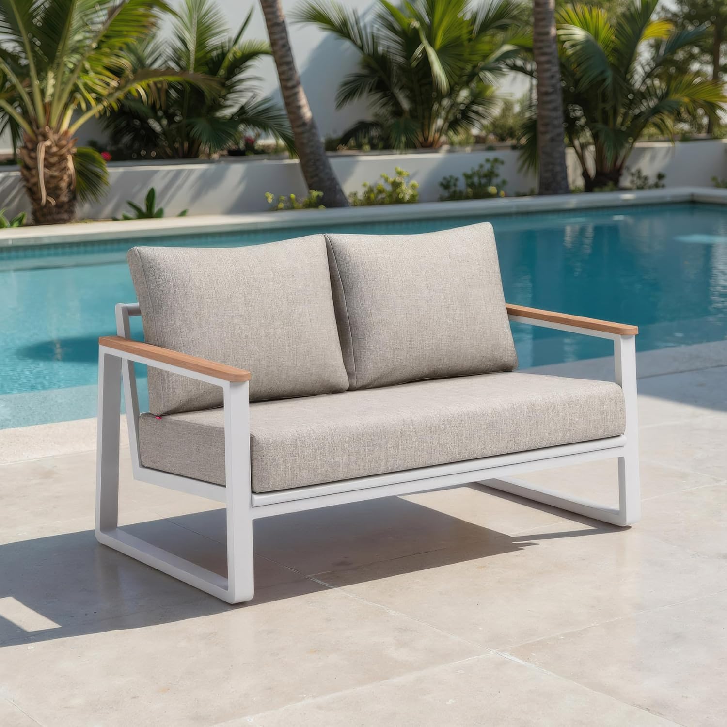 Zuo Welt Sofa Taupe & White, Beige Sofa, Modern Style, Patio Furniture, Outdoor Fabric, Seats up to 2, Aluminum, Outdoor Living, 55.7" W x 32.7" D x 31.1" H, Non-Stackable