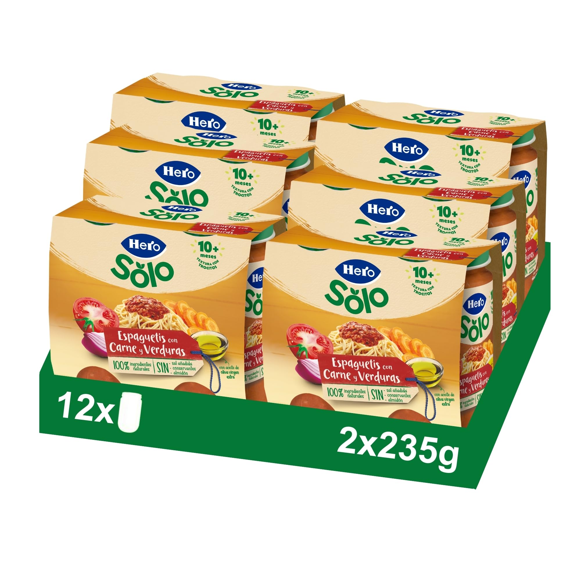 Hero Baby Tarritos de Trocitos de Espaguetis con Carne y Verduras, Alimento Infantil 12 x 235 g