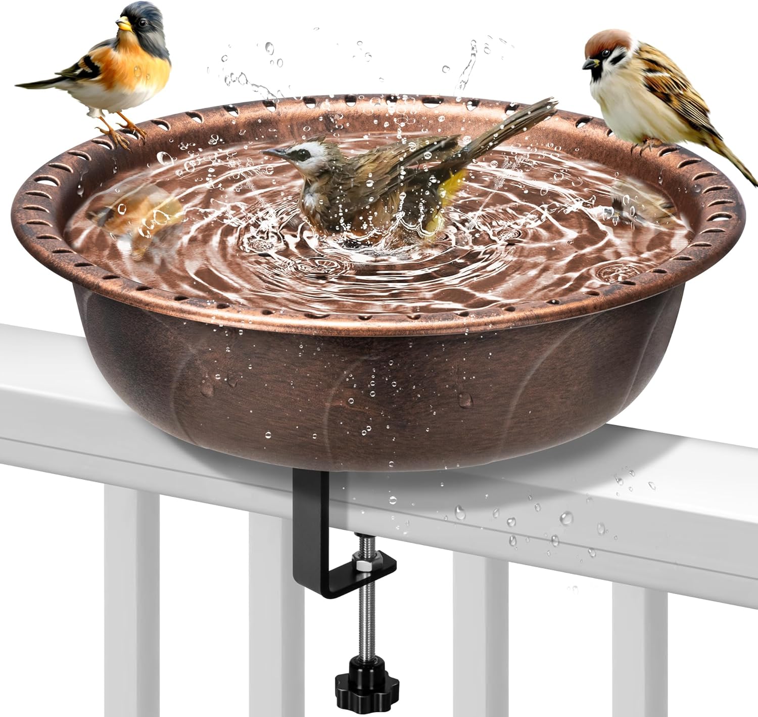 VIVOHOME Deck Mounted Polyresin Bird Bath with Adjustable Sturdy Metal Clamp for Railings up to 3.9 Inch with 53 Inch Wrought Iron Large Bird Cage with Rolling Stand