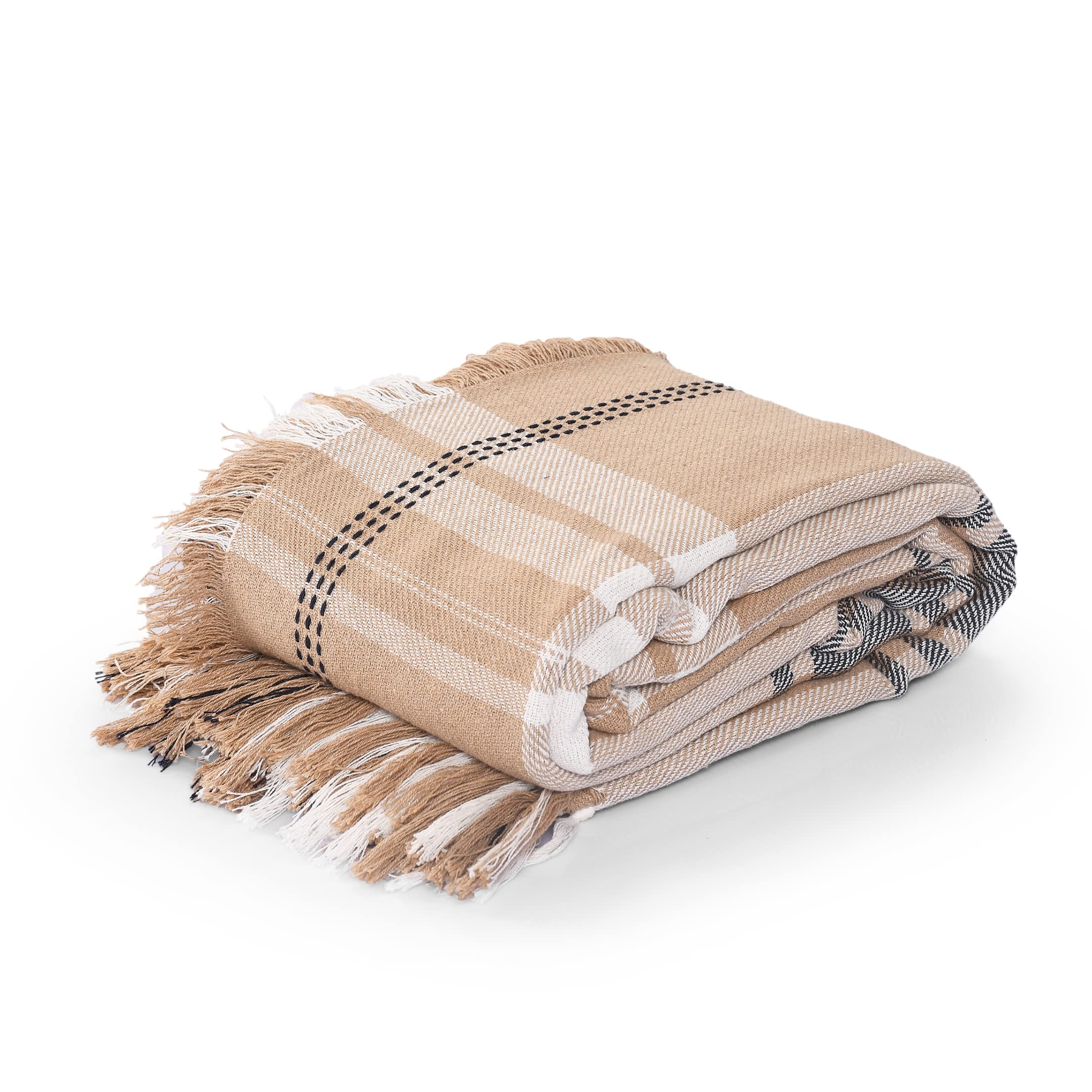 La Maison 100% Indian Cotton Check Pattern Large Batten Throwover Sofa Throw Multicoloured Bed Throw Woven Handloom Tassel Armchair Decorative Blanket (Ivory/Grey, 178cm x 254cm / 70" x 100")
