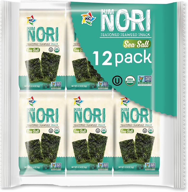 KIMNORI Snack de algas marinas tostadas orgánicas – Hojas de nori sazonadas con sal marina – Snacks saludables kosher, sin gluten y sin OGM – Fabricado premium en EE. UU. – Paquete de 12 (4 g cada uno)