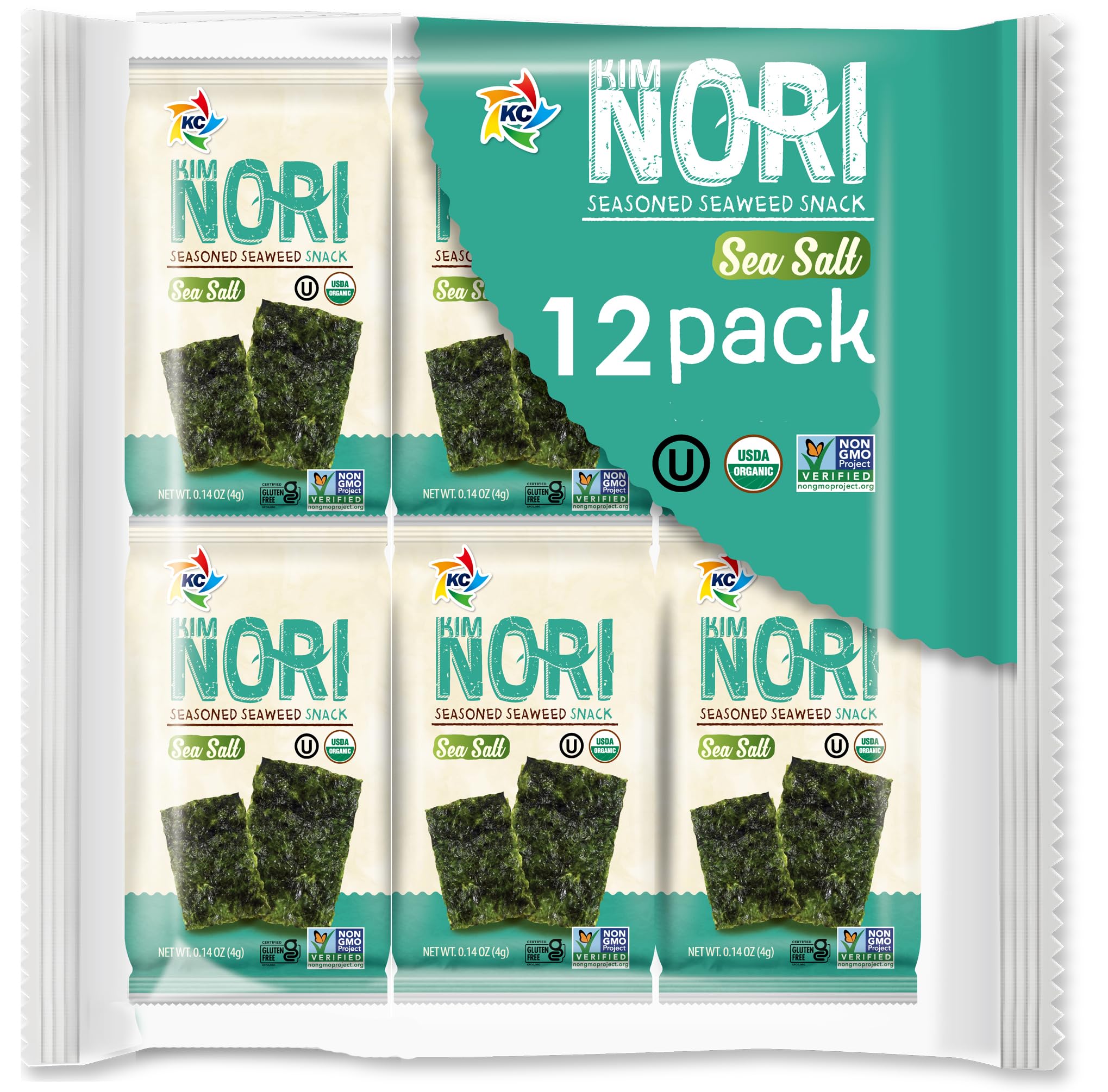 KIMNORI Seasoned Seaweed Snacks Sheets – Organic Sea Salt Flavor, 12 Individual Packs, Roasted Crispy Premium 100% Natural Laver Kim Nori, 4g 0.14 Ounce