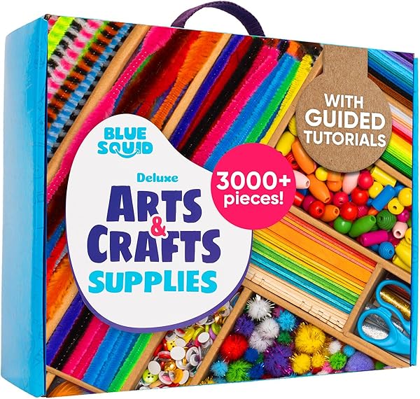Blue Squid 3000+ pcs Arts and Crafts Supplies for Kids | Craft Kit Box for Kids Age 4-5, 4-8, 6-8, 8-12 | Craft Supplies & Materials Crafts Set Toys Art Box Gifts for Girls Boys Bulk Art Kit