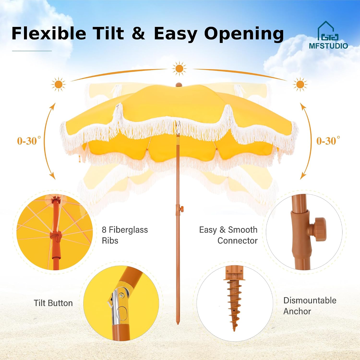 MFSTUDIO 7ft Beach Umbrella with Fringe, Tassel Umbrellas UPF50+ with Tilt Button & Crank, Holiday Outdoor Umbrella with Carry Bag, Ideal for Garden Lawn Poolside, Gold Yellow