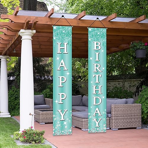 Miniatura 6 de Luxiocio Cartel de feliz cumpleaños de color verde azulado plateado para niñas y mujeres, letrero de porche azul desayuno, suministros de fiesta