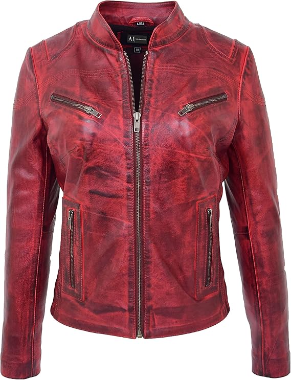 A1 FASHION GOODS Dirty Red Biker Leather Jacket for Womens Trendy