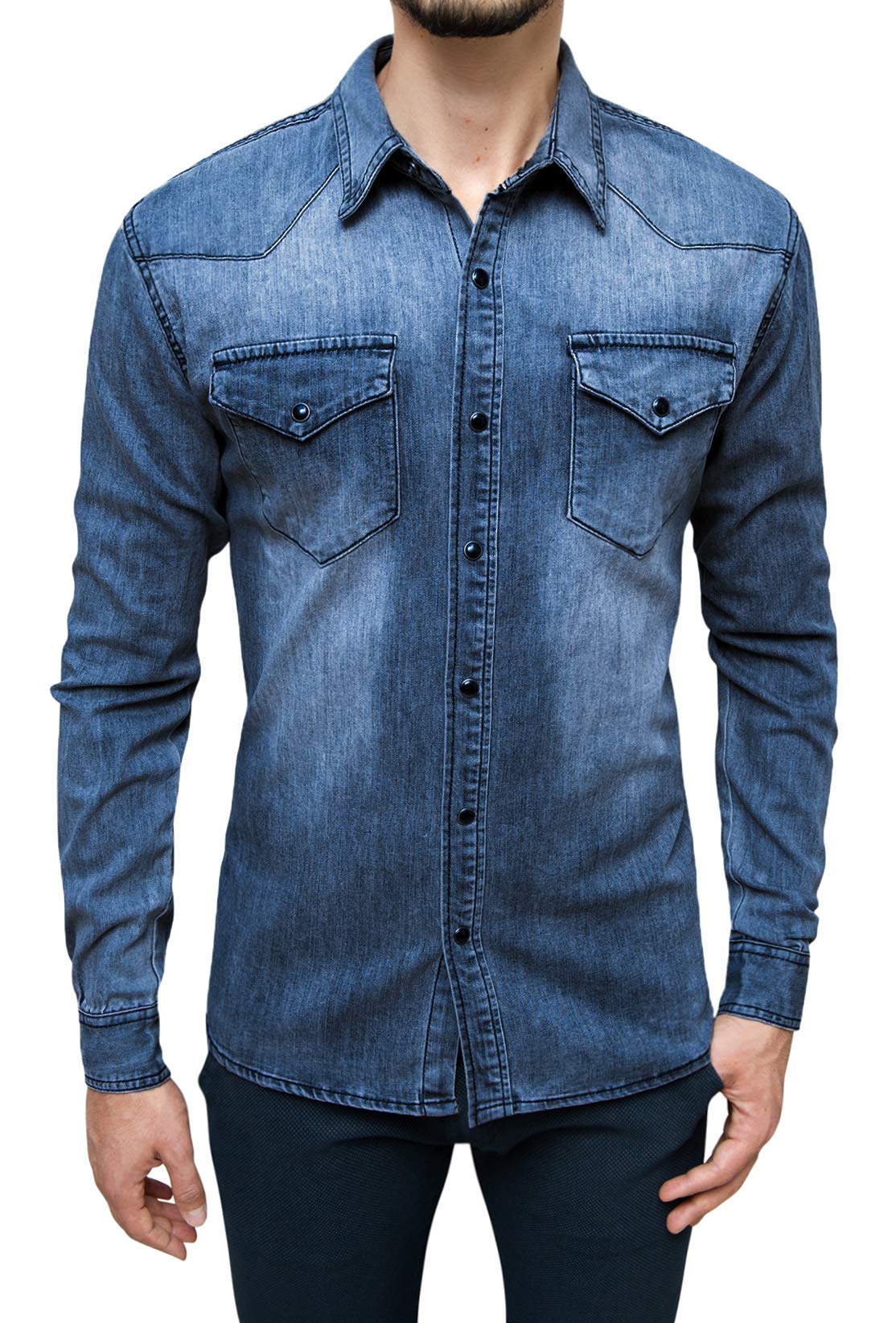 Evoga Camicia di Jeans Uomo in Cotone Denim Casual Slim Fit