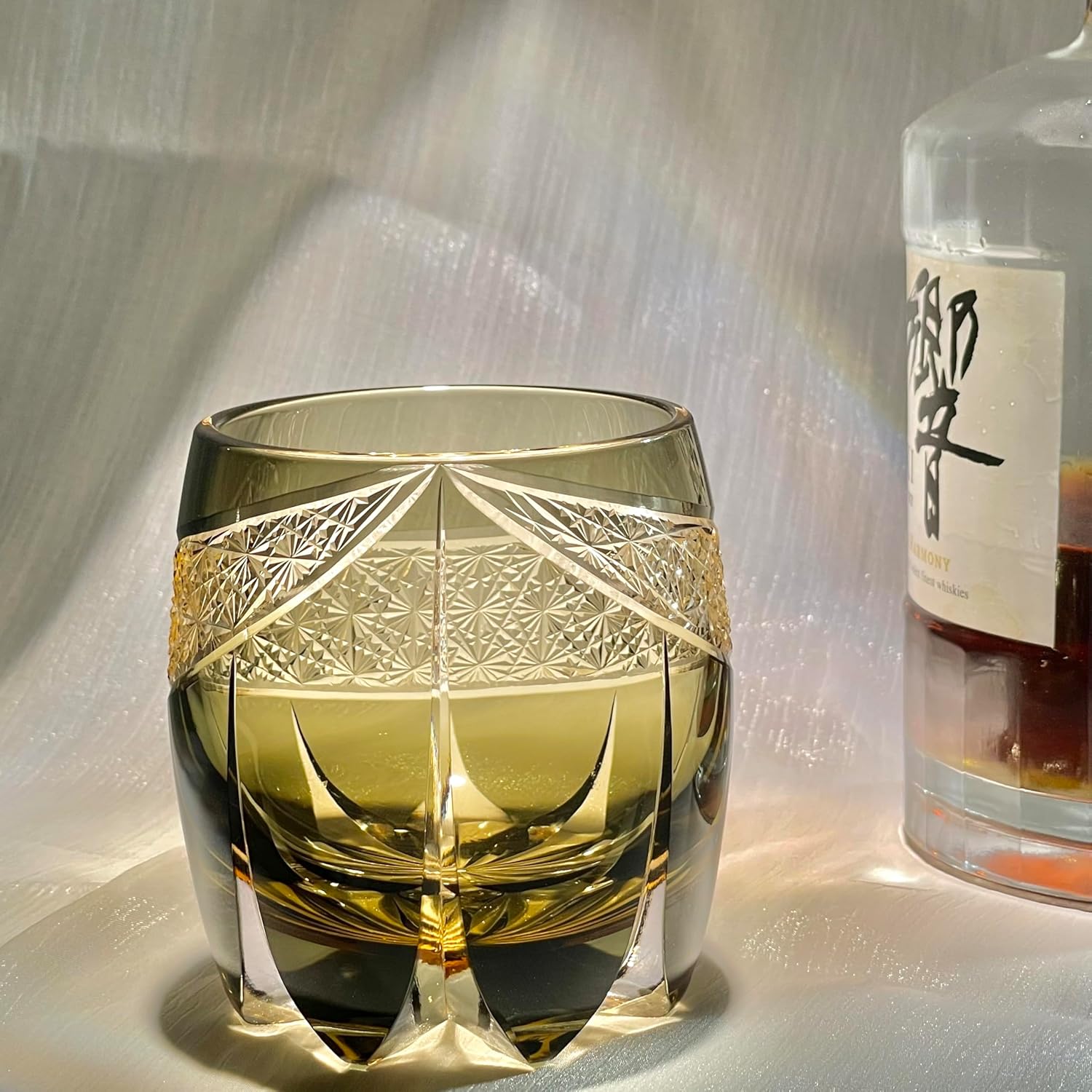 Edo Tokyo Kiriko Style Whiskey Glass – Hand-Cut Crystal Rock Glass, 12 Oz Japanese Inspired Bourbon Tumbler with Intricate Light Refraction Design for Whisky, Scotch, and Cocktails-1Pcs (Lightning)