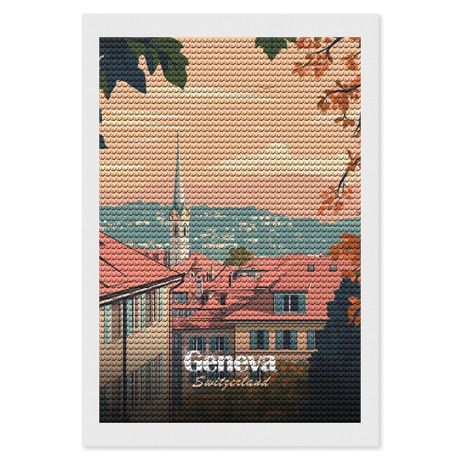 Junmoney Geneva Switzerland Cityscape Travel Diamond Painting Kit 8"x12", Festive Craft Gift, Bedroom Decor, Full Kit Included, Creative Gift Idea