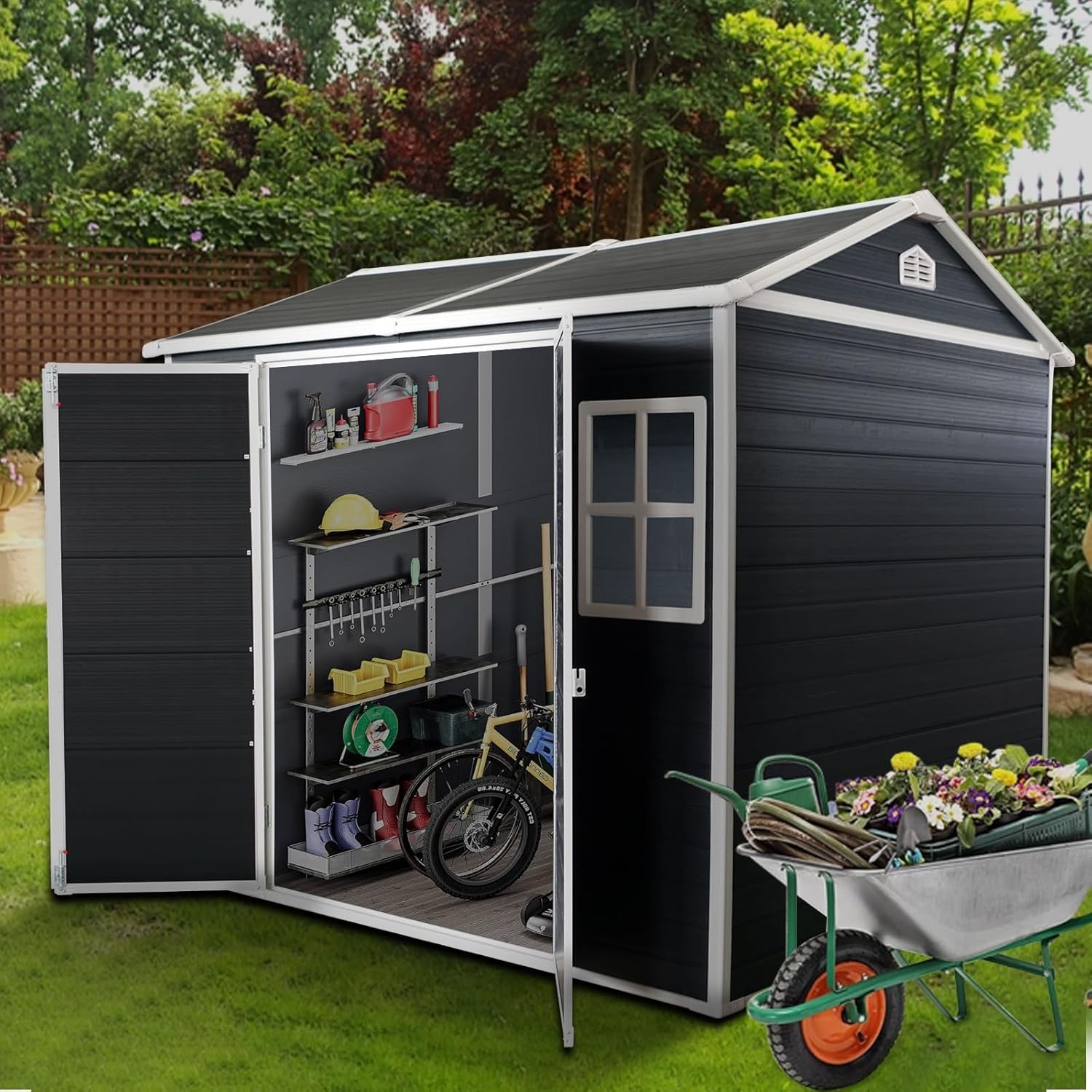 8x4ft Outdoor Resin Garden Shed with Floor and 2 Windows, Plastic Patio Outdoor Storage Shed with Lockable Door for Garden Tools, Bicycles, Trash Cans