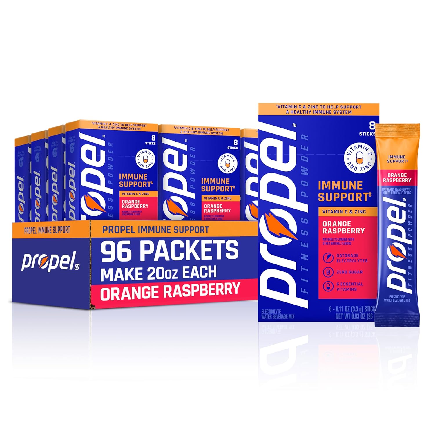 Propel Immune Support Electrolyte Powder Drink Mix, Orange Raspberry, (96 Servings), 100% DV Vitamin C, Good Source of Zinc, Zero Sugar, Gatorade Electrolytes, No Added Colors, No Artificial Flavor