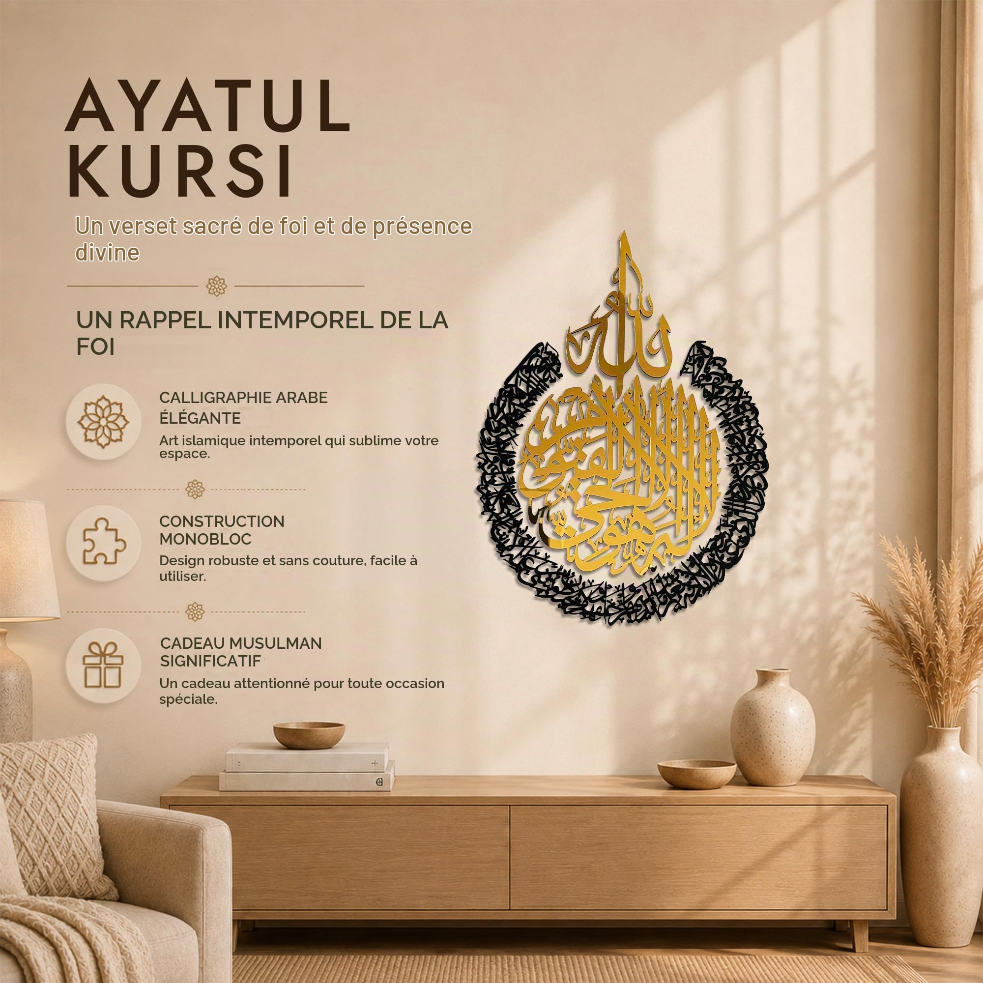iwa concept Lot de plusieurs pièces en bois acrylique Ayatul Kursi | Décorations murales islamiques du Ramadan | Calligraphie arabe | Art mural du Coran (taille M 66 x 50,8 cm, en or noir)