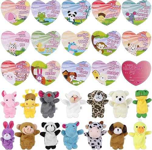 Paquete de 28 tarjetas para el día de San Valentín con marionetas de dedo, juego de títeres de felpa suave de animales, intercambio de San Valentín