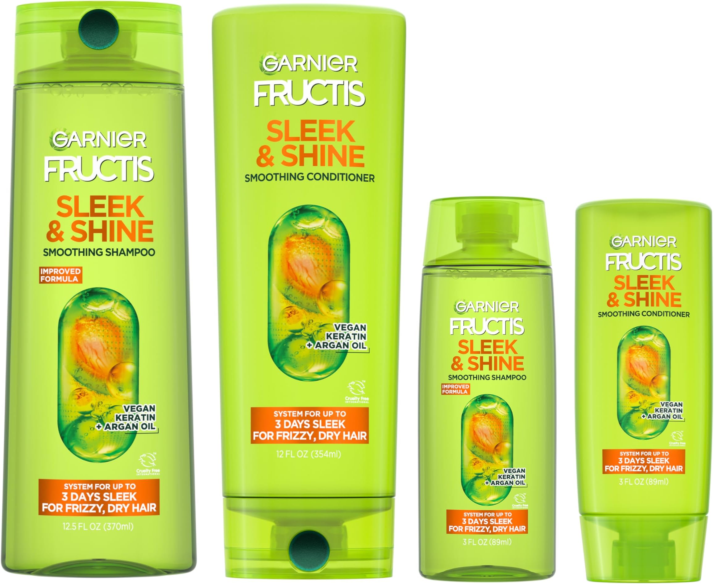 Fructis Sleek & Shine Full + Travel Size Shampoo (12.5 & 3 Fl Oz) + Conditioner (12 & 3 Fl Oz) Set for Frizzy, Dry Hair, Plant Keratin + Argan Oil (4 Items), 1 Kit (Packaging May Vary)