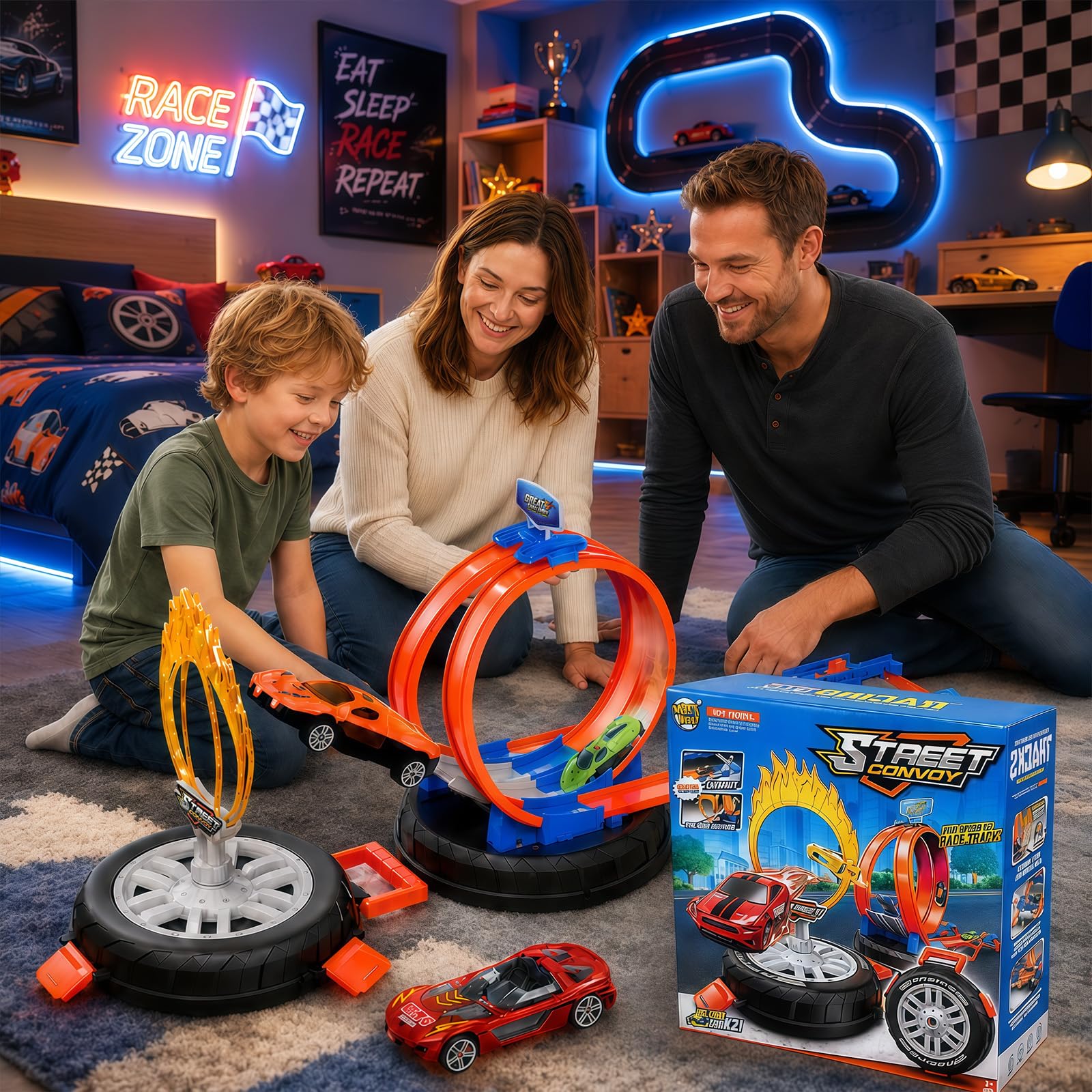 Circuit Voiture Enfant, Garage Voiture Enfants, Set de Voiture Jouet avec 6 Petites Voitures Enfant, Voiture Enfant 3 Ans, Jouet de Piste de Course avec Rangement en Forme de Pneu