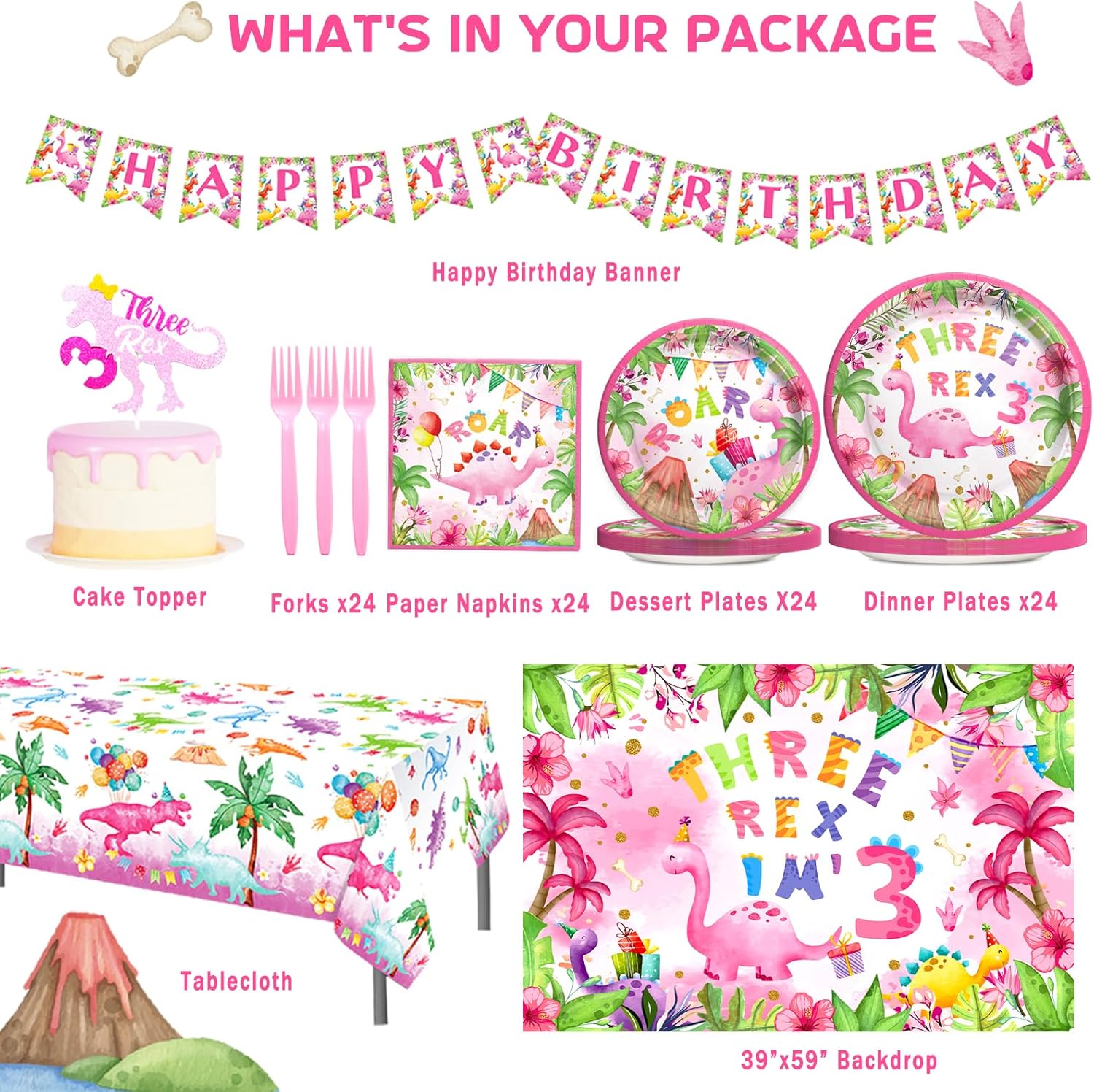 Three Rex Birthday Supplies Girl, 3rd Birthday Decorations for Girls, Pink Dinosaur Third Birthday Party Decorations, Backdrop Balloon Banner Tablecloth Cake Topper Plates Napkins Forks
