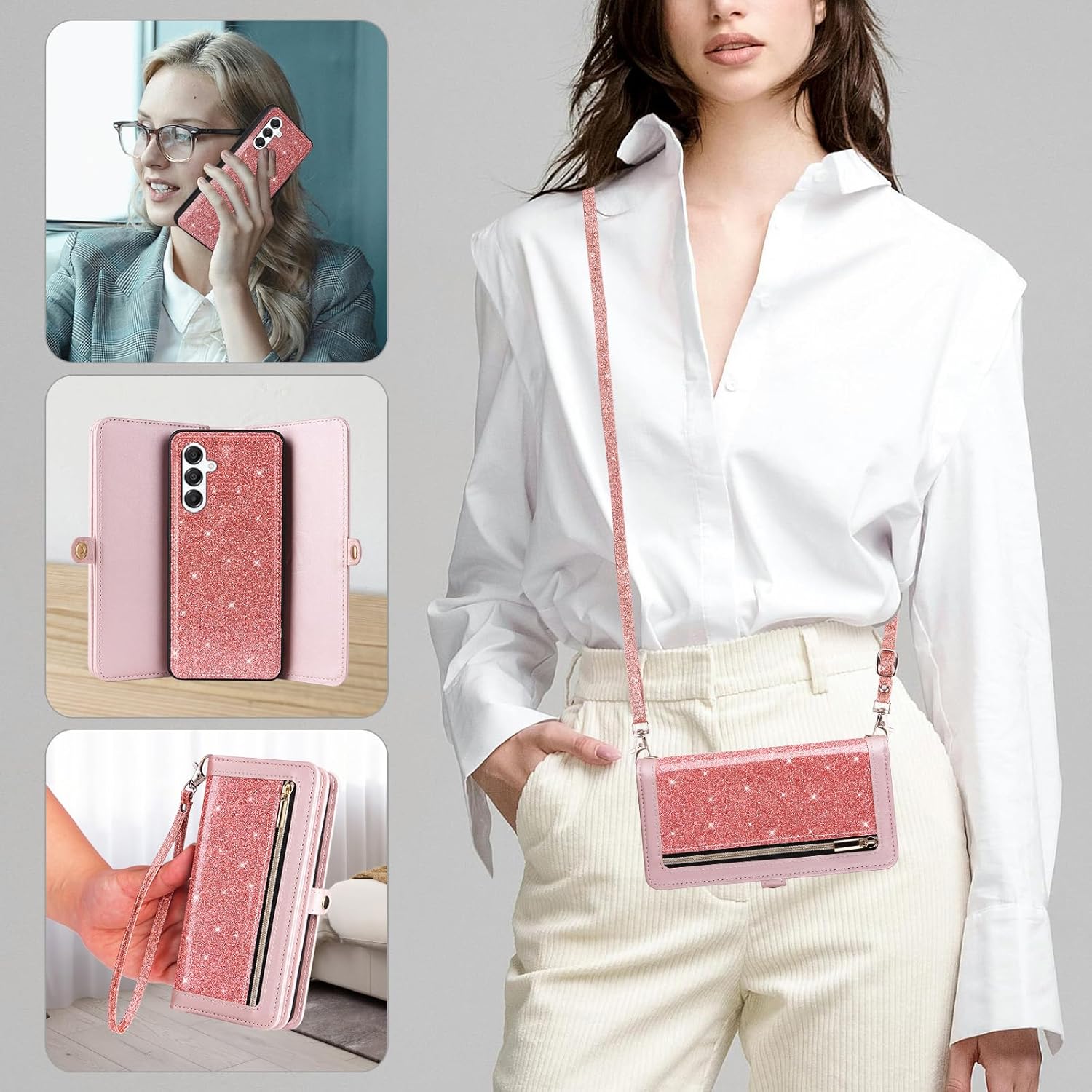 Asuwish Phone Case for Samsung Galaxy A16 5G/4G Zipper Wallet Cell Cover with Tempered Glass Screen Protector Crossbody Lanyard Strap Bling Glitter Flip Card Holder Slot A 16 16A SM-A166U Women Pink