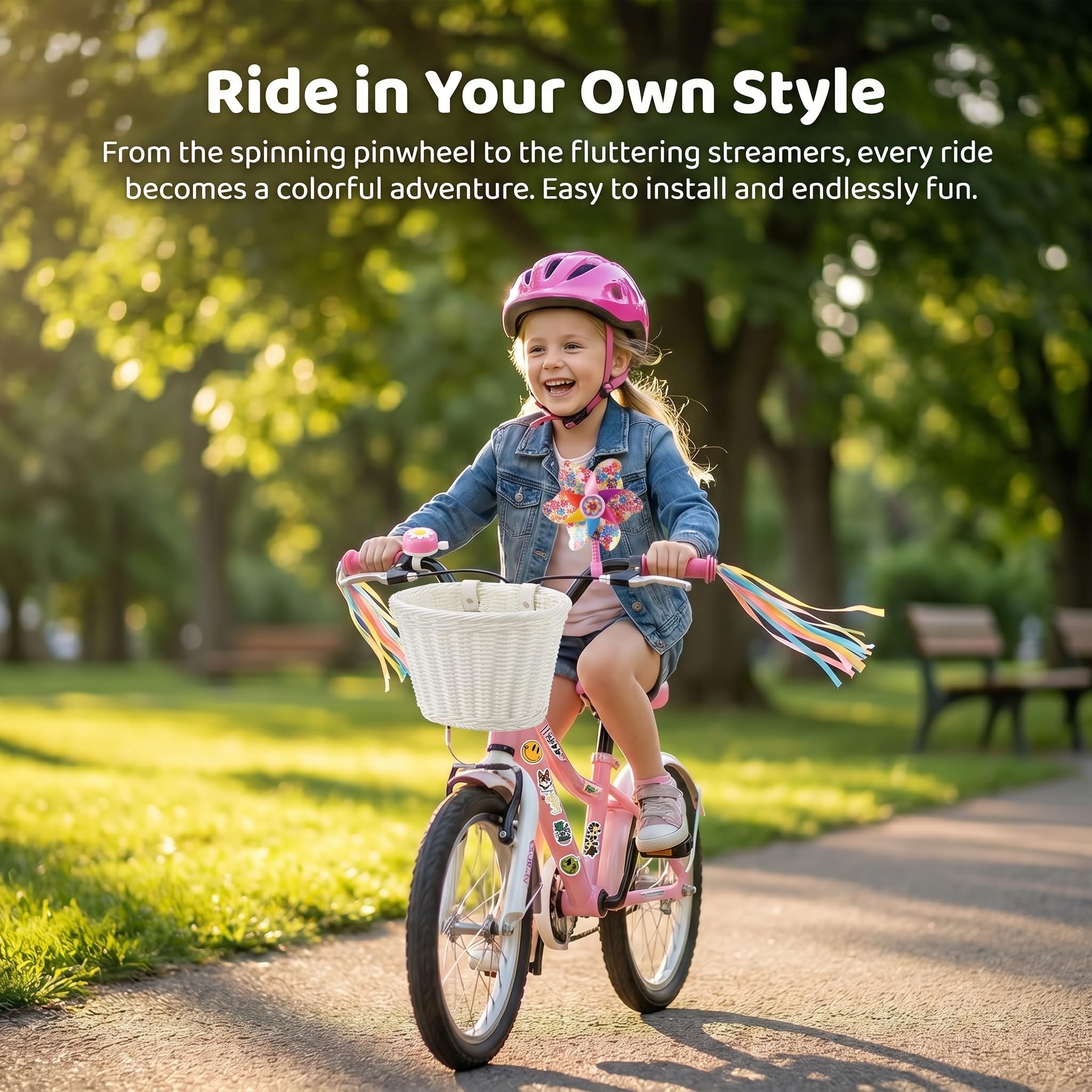 Panier de vélo avant pour enfants, accessoires de vélo pour filles et garçons, panier de vélo tissé avec autocollants, sonnette de vélo, moulin à vent et 1 paire de rubans colorés (panier blanc)