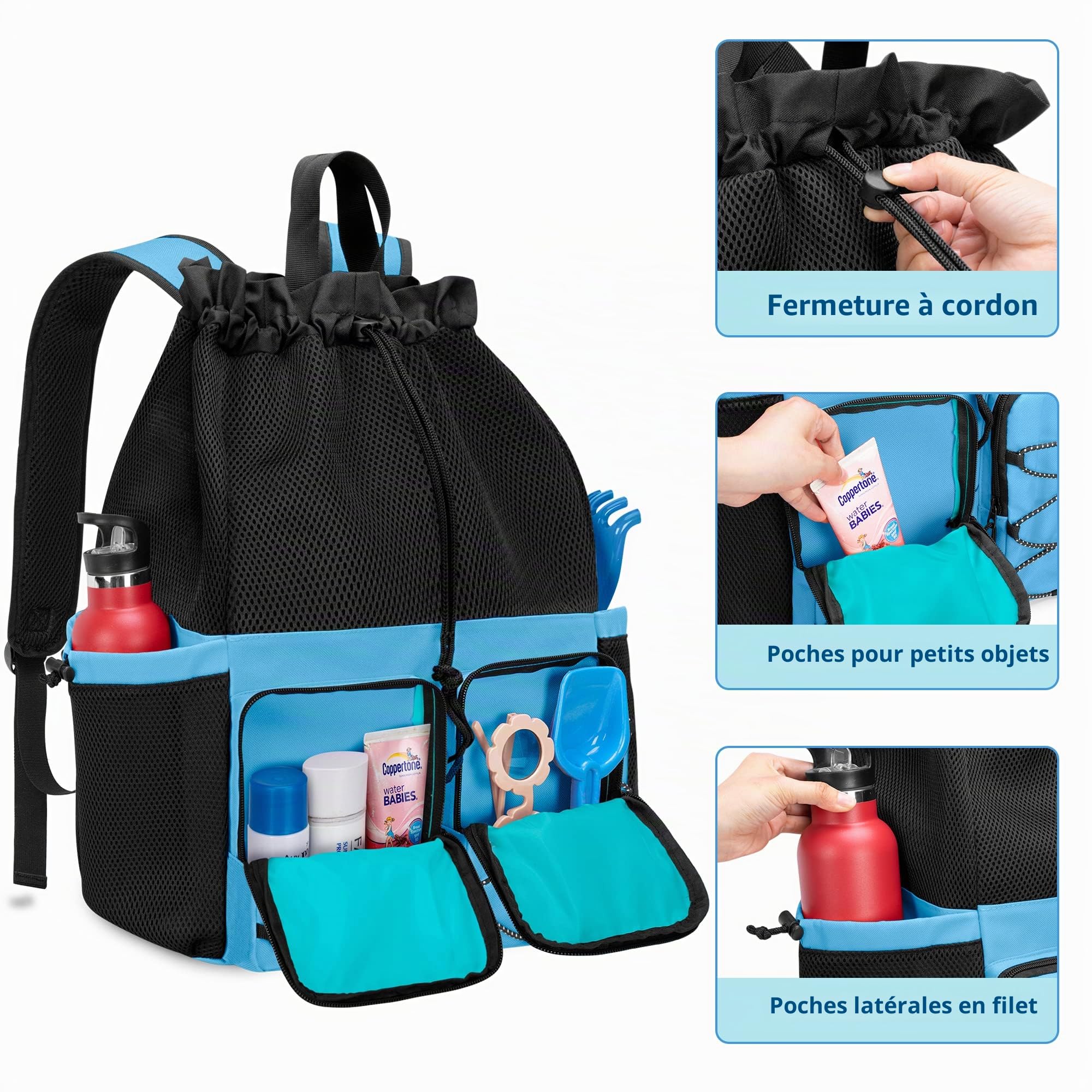 Fasrom Sac à Dos de Plage en Maille avec Poche Imperméable et Fond Zippé | Avec Séparation Humide et Sec, 2 Poches Devant Zippées, 1 Poches Filet et Mousquetons pour Voyage, Gym et Piscine