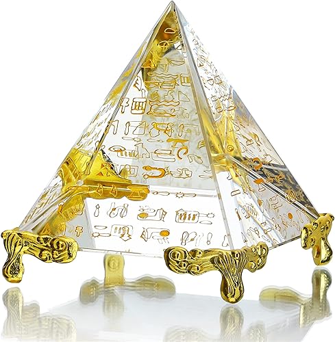 H&D HYALINE & DORA 60MM Pirámide de Cristal Prisma Peso de Papel Energía Positiva Ornamento de Vidrio Pirámide Egipcia con Personaje Dorado Egipcio